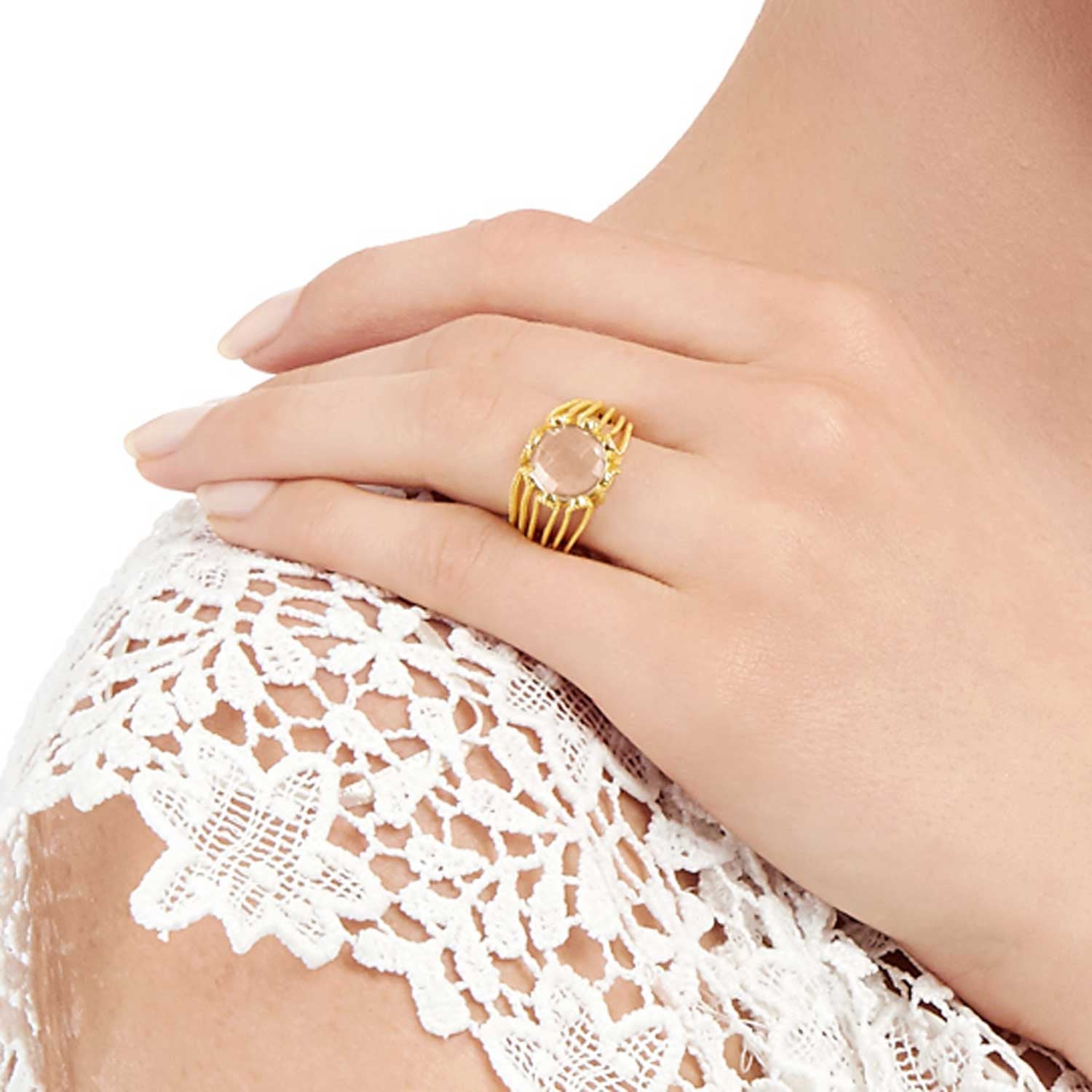 gold vermeil cocktail ring, rose quartz gemstone, organic