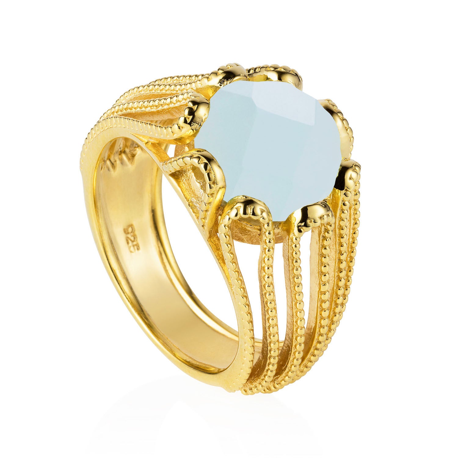 gold, vermeil, cocktail ring, Aqua Chalcedony gemstone, unique design, handmade sustainable, British