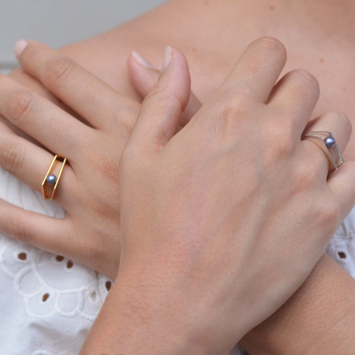Gold Cocktail Rings White Pearl, geometric, unique minimalist design