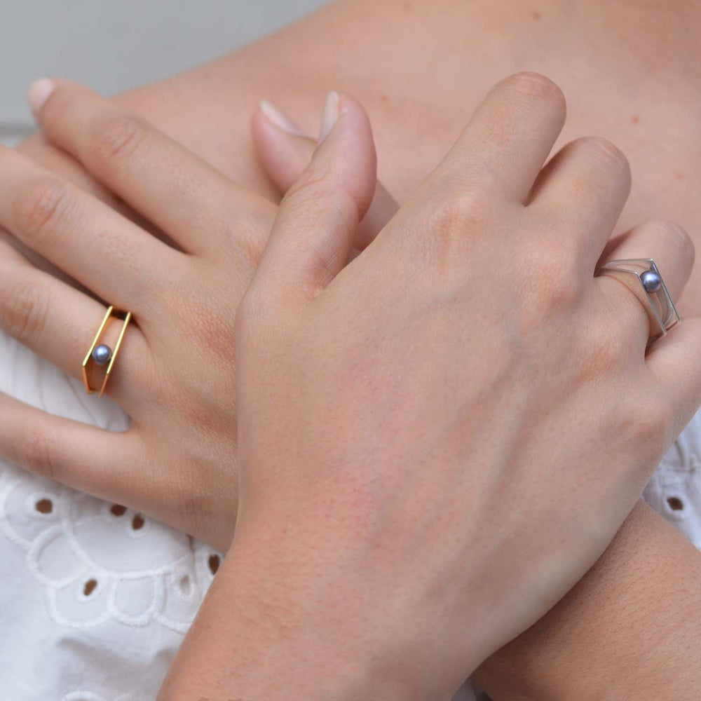 Gold Cocktail Rings White Pearl, geometric, unique minimalist design