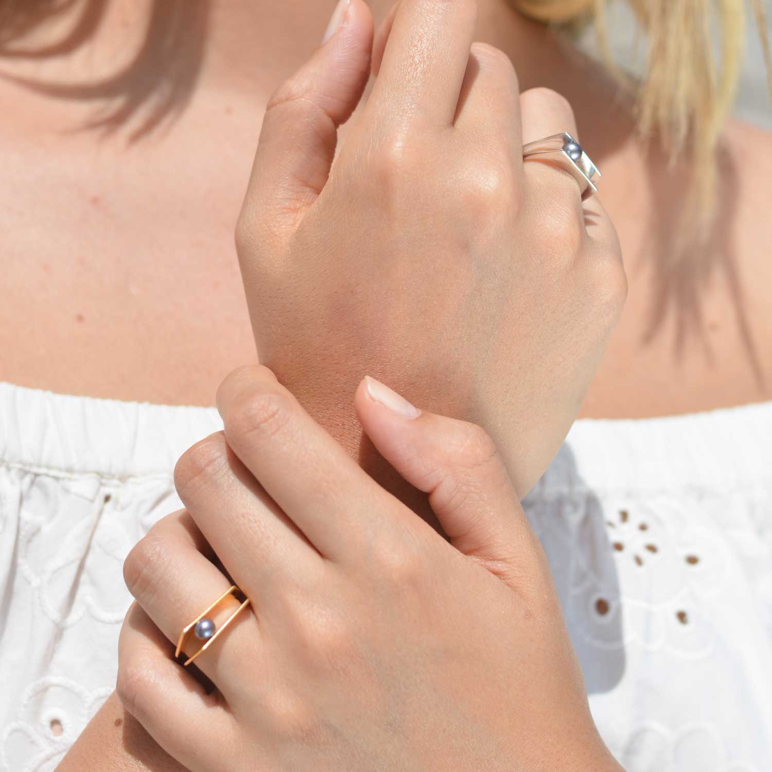 Silver Cocktail Ring with Grey Pearl, geometric, minimalist design