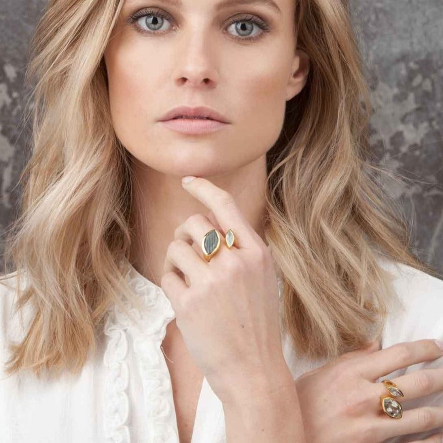 Gold vermeil cocktail ring, lemon quartz, green peridot gemstone, geometric, unique British design
