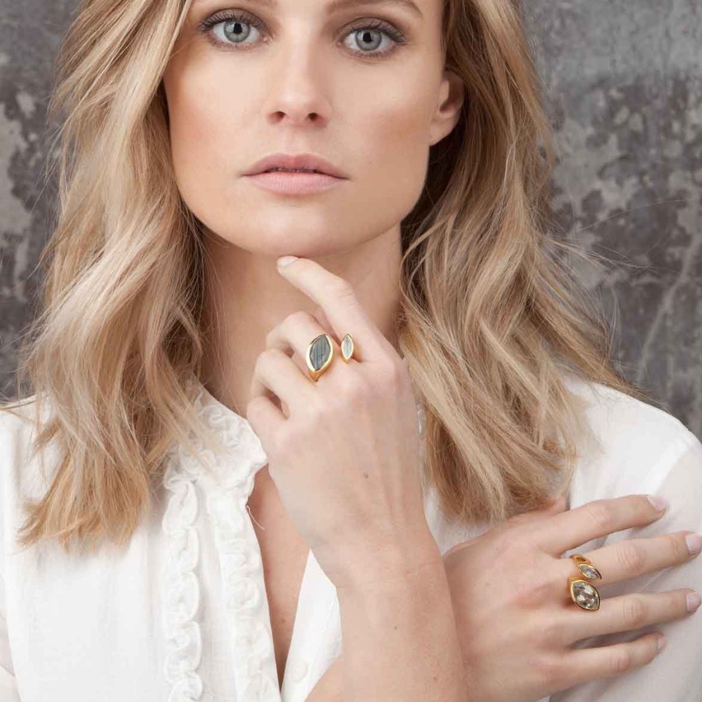 Gold vermeil cocktail ring, lemon quartz, green peridot gemstone, geometric, unique British design
