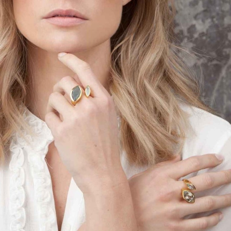 Gold vermeil cocktail ring, lemon quartz, green peridot gemstone, geometric, unique British design
