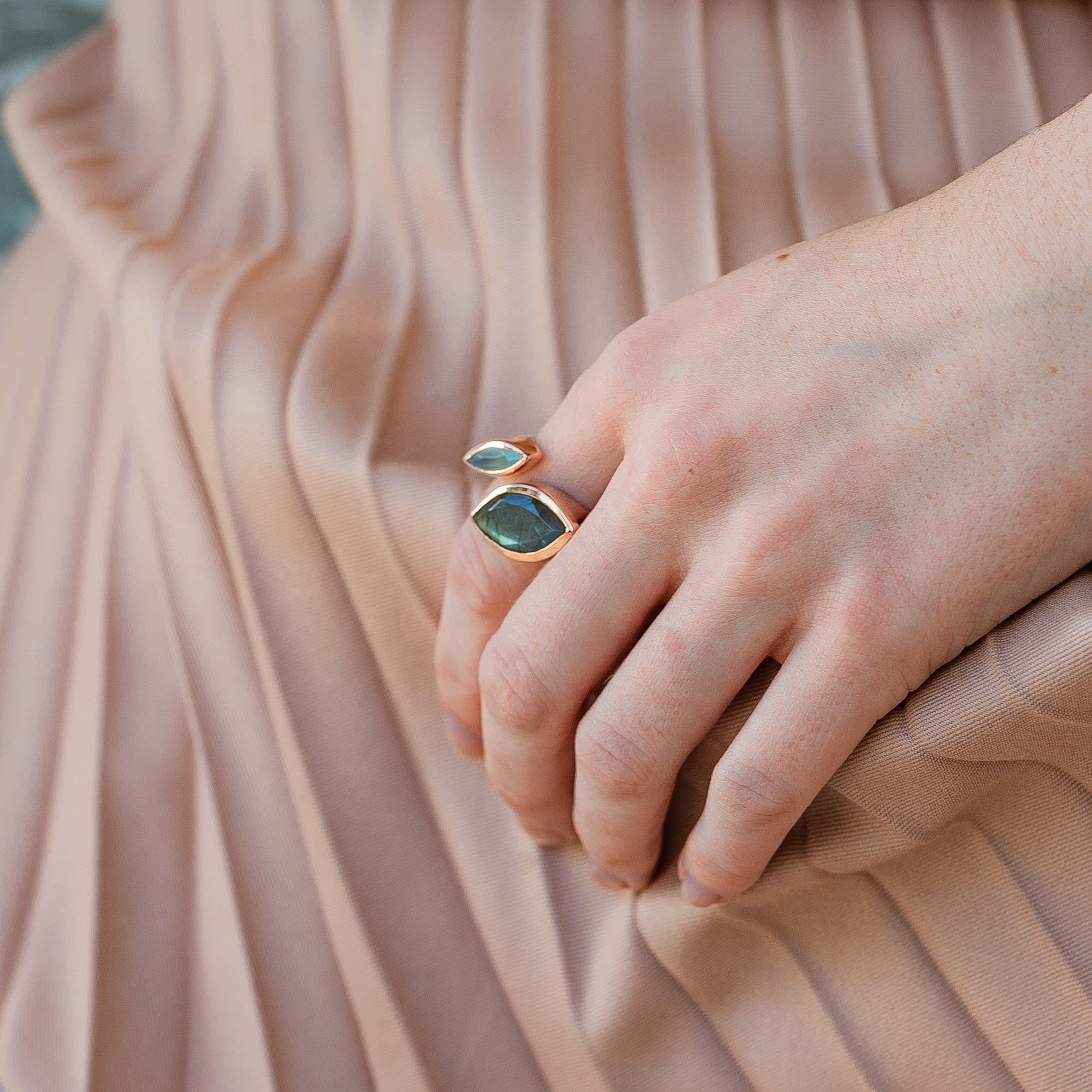 Gold vermeil cocktail ring, Labradorite Aqua Chalcedony gemstone, geometric, unique British design