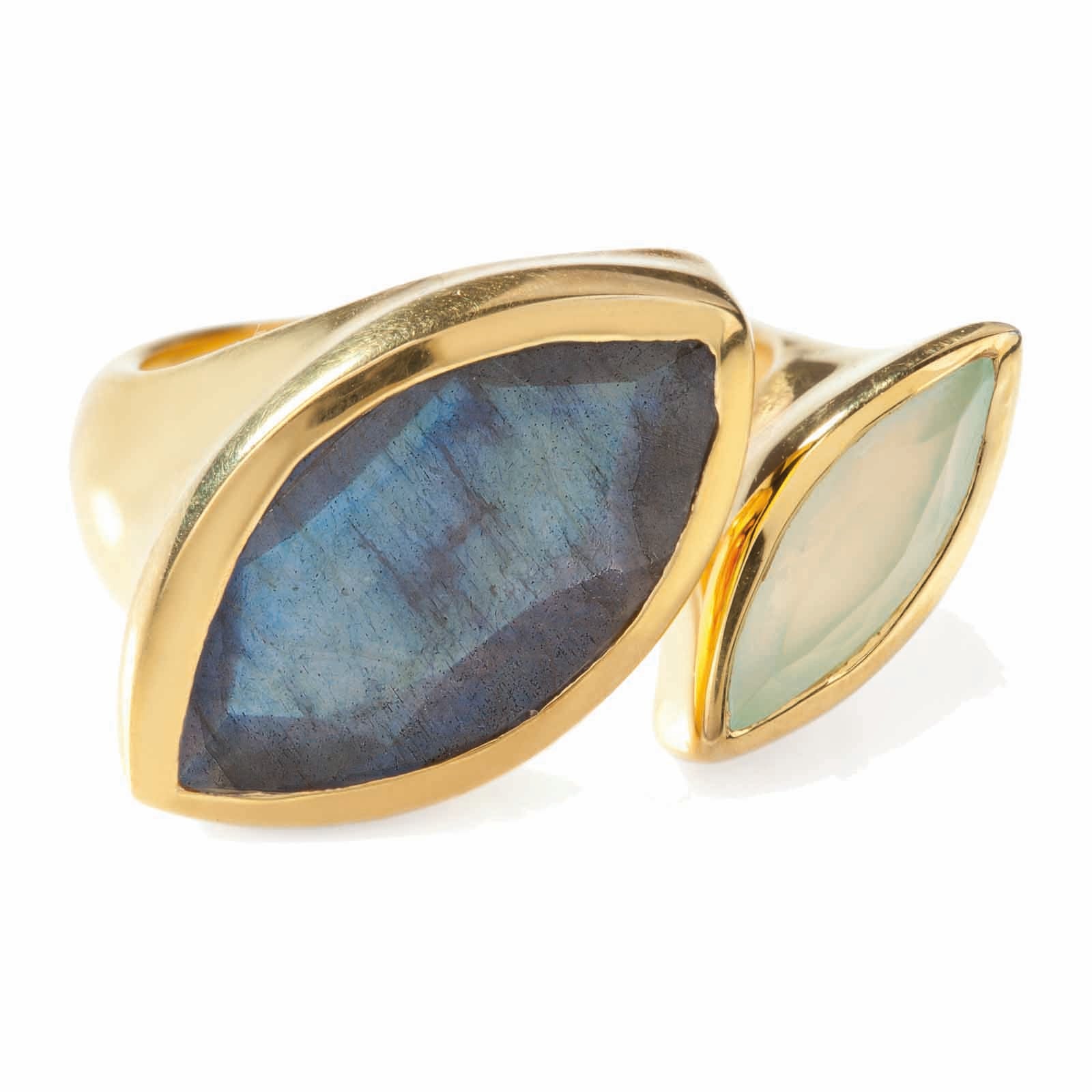Gold vermeil cocktail ring, Aqua Chalcedony, Labradorite gemstone, geometric, unique British design