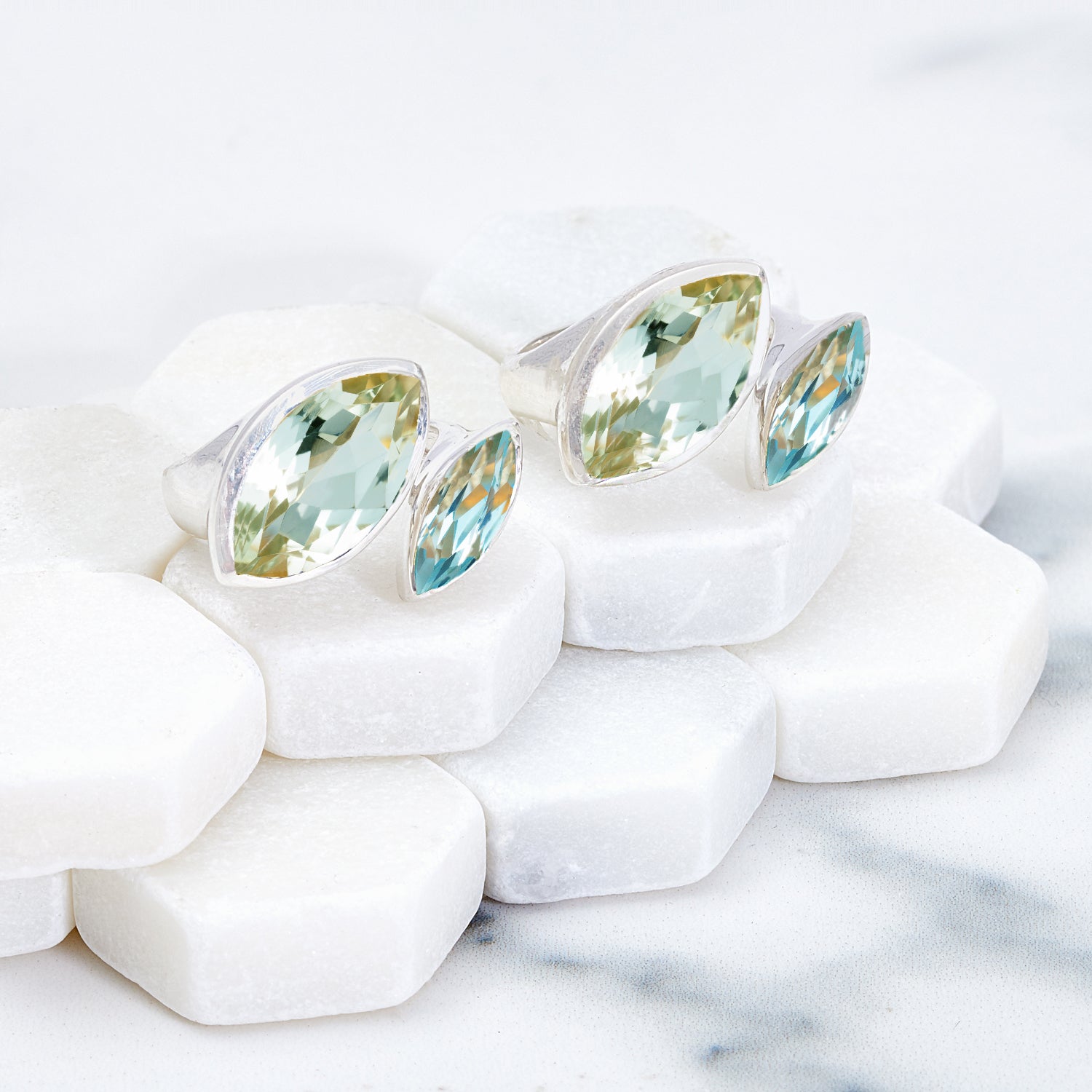 Silver cocktail ring, Green Amethyst gemstone, Blue Topaz gemstone, geometric, unique British design
