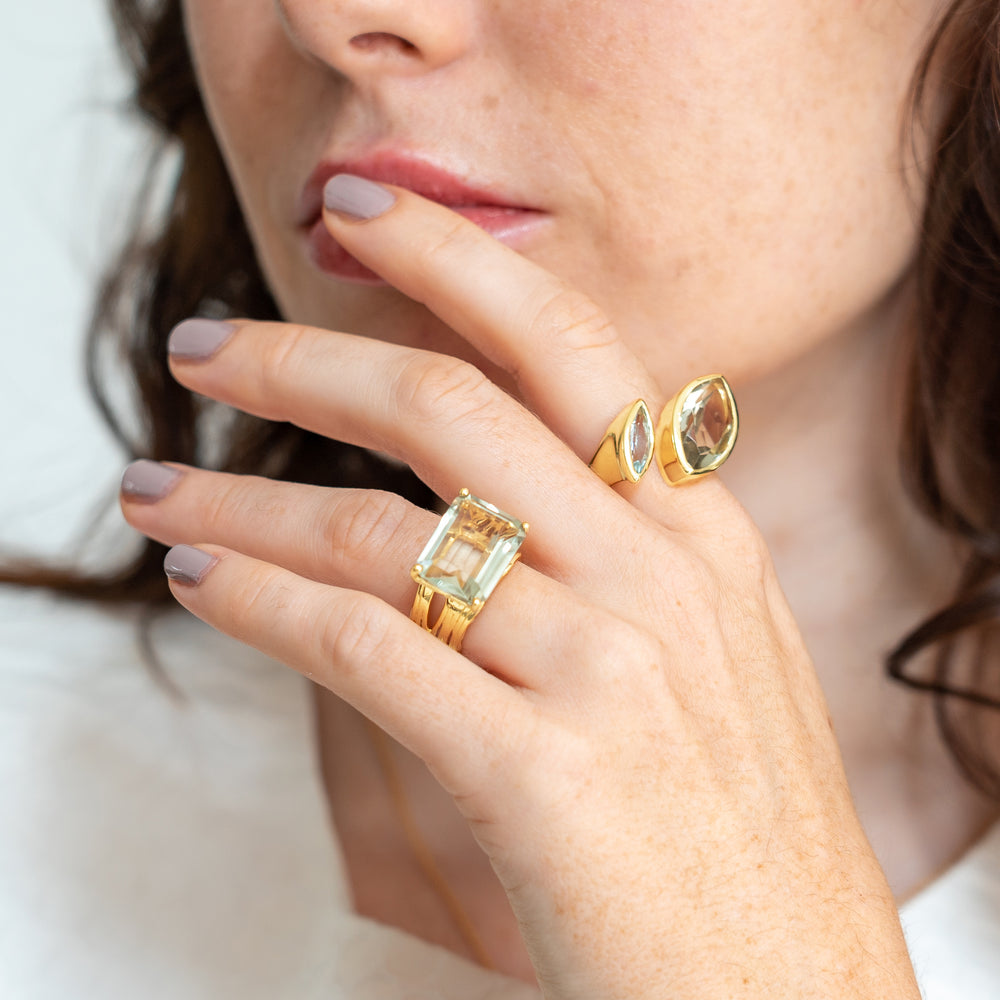 Gold vermeil cocktail ring, green amethyst gemstone, geometric, unique British design