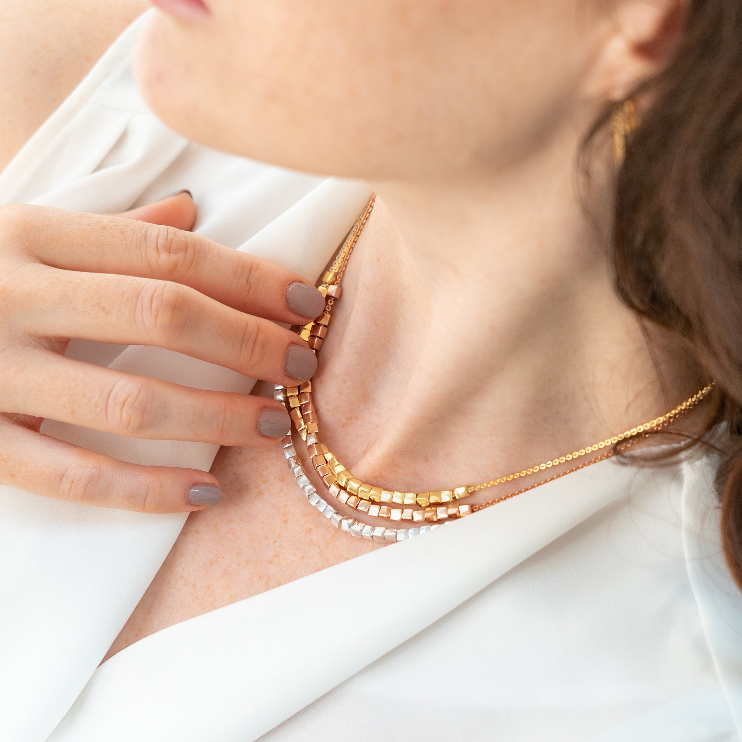 layering cube necklaces, gold cube, rose gold cube, sterling silver cube, cube necklace, neola design cube necklace