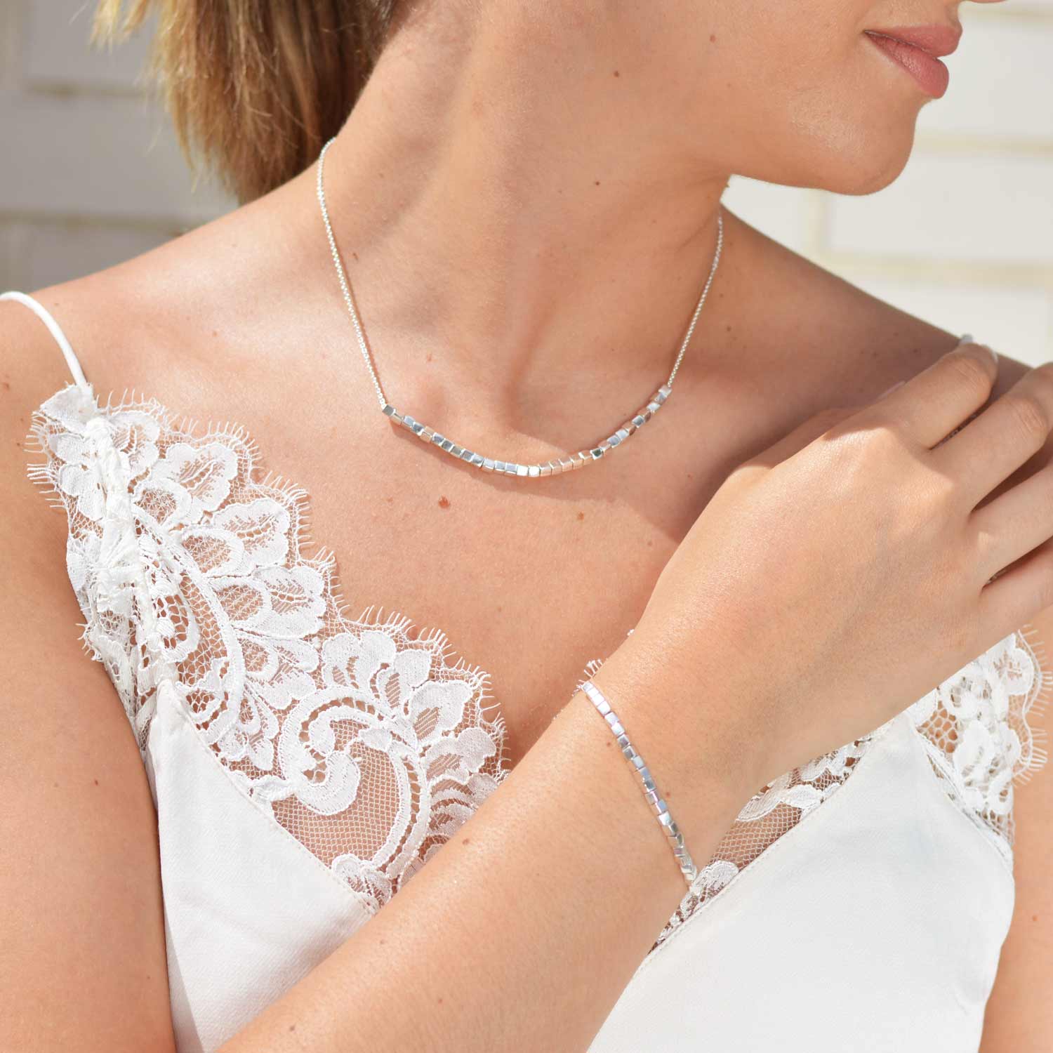 Silver necklace, cubes, unique geometric design