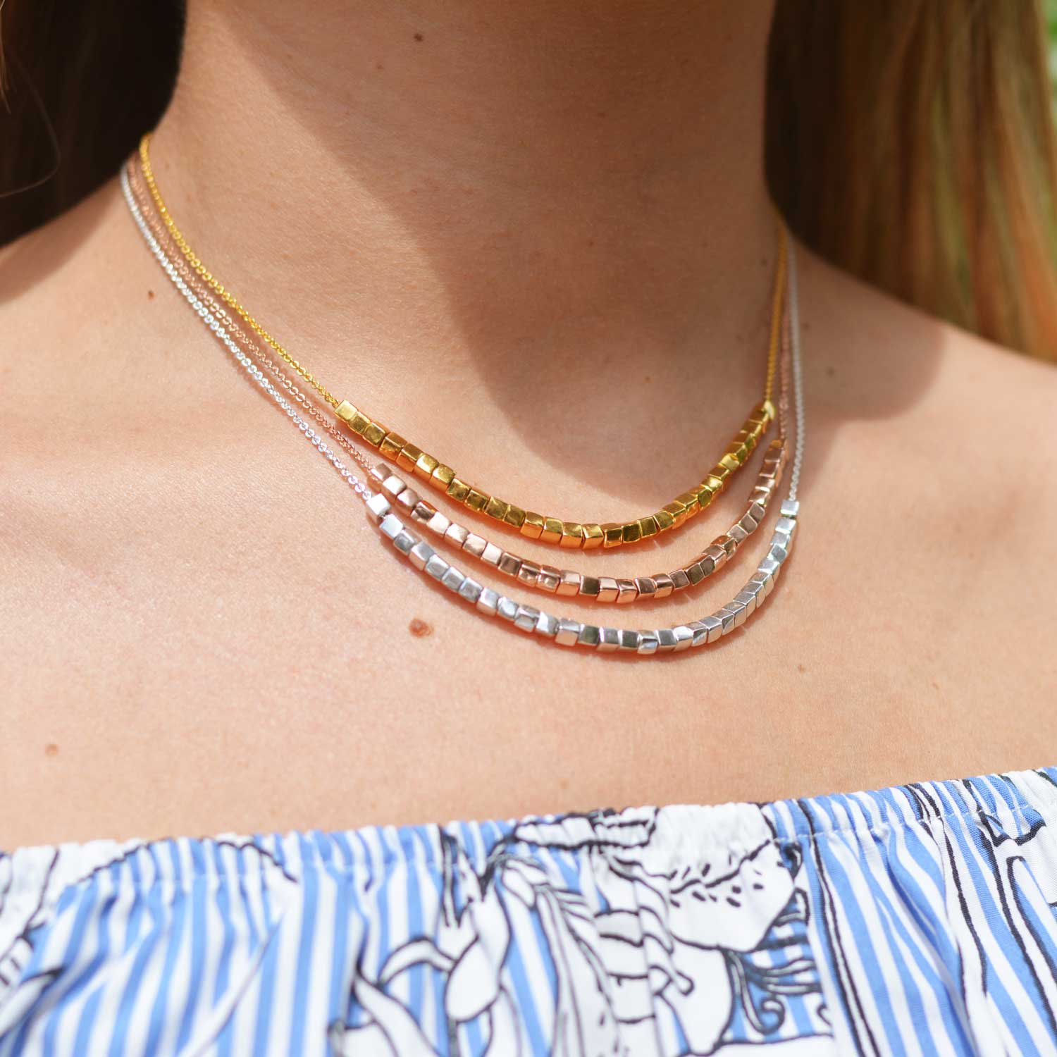 Different Necklaces, silver, gold, cubes, geometric, unique British design