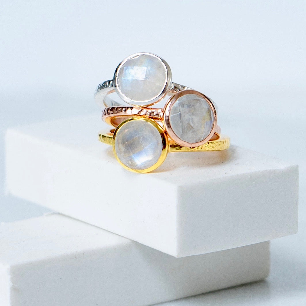 18ct Gold Vermeil and Rainbow Moonstone Gold Ring Moonstone Estella Front View