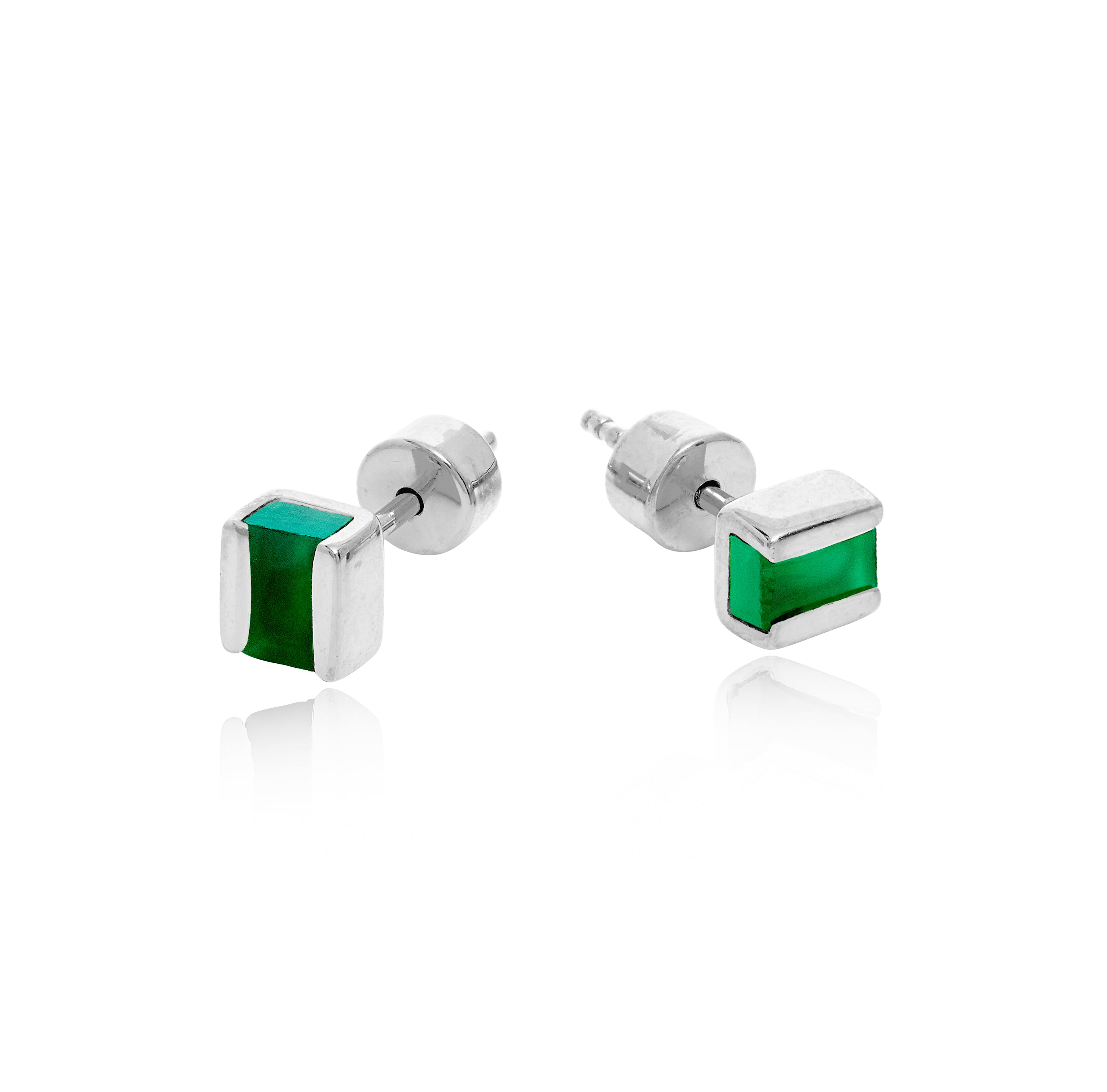 Sterling Silver Silver Green Onyx Studs Cubo
