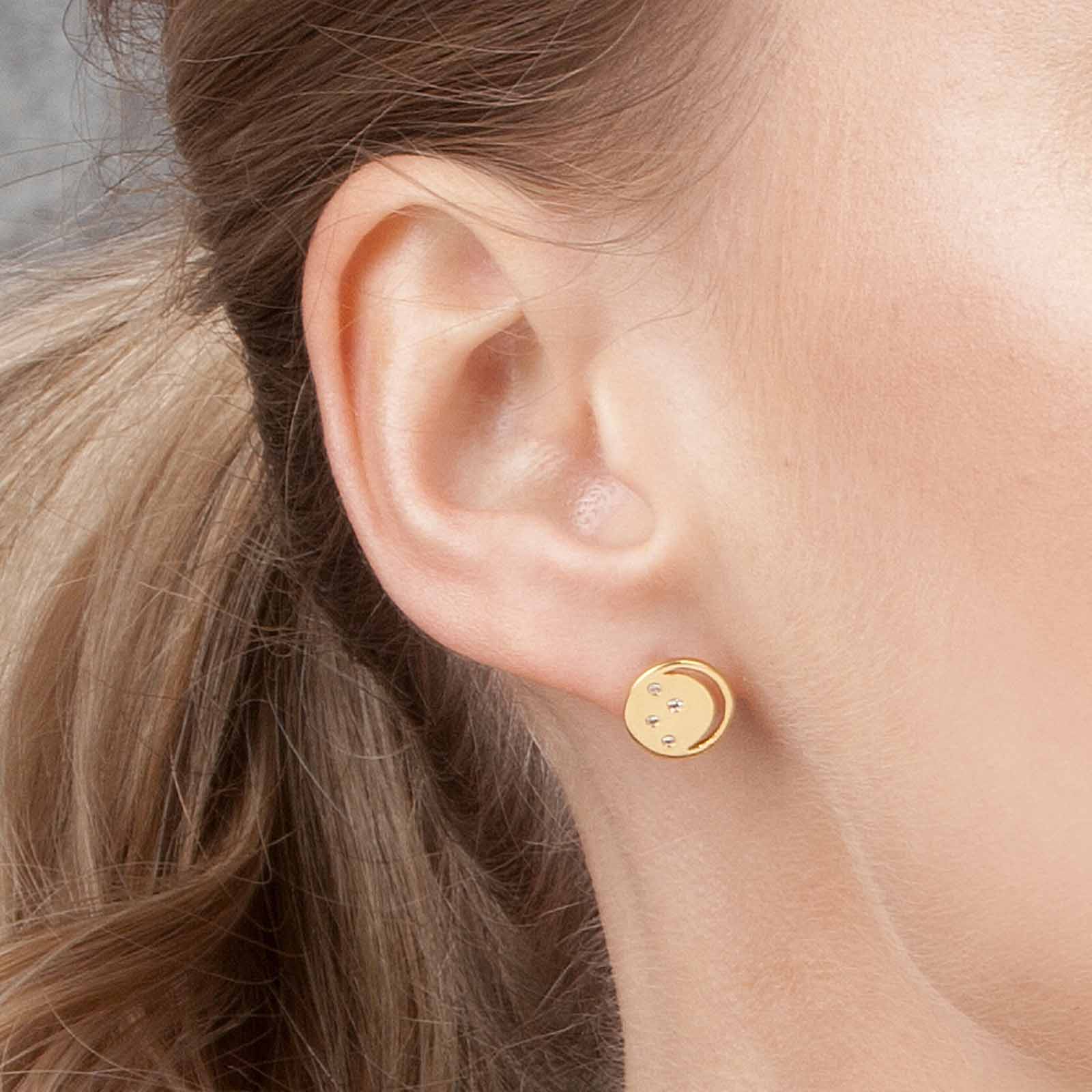 Gold vermeil eclipse studs, white topaz, geometric, unique British design