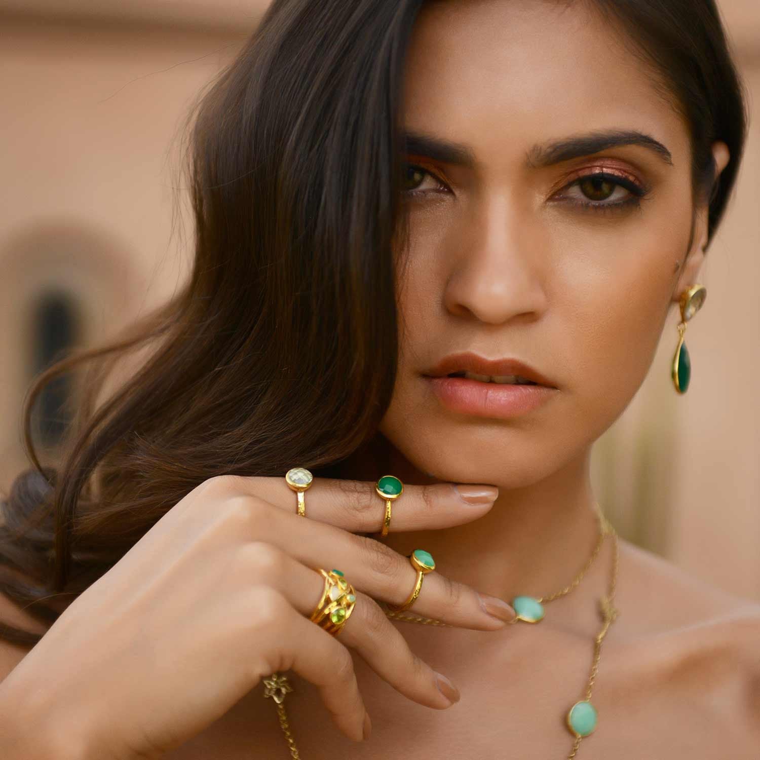 Gold vermeil cocktail ring, Green Amethyst, Green Onyx, Chrysoprase and Peridot, gemstone, unique British design, minimalist, sustainable