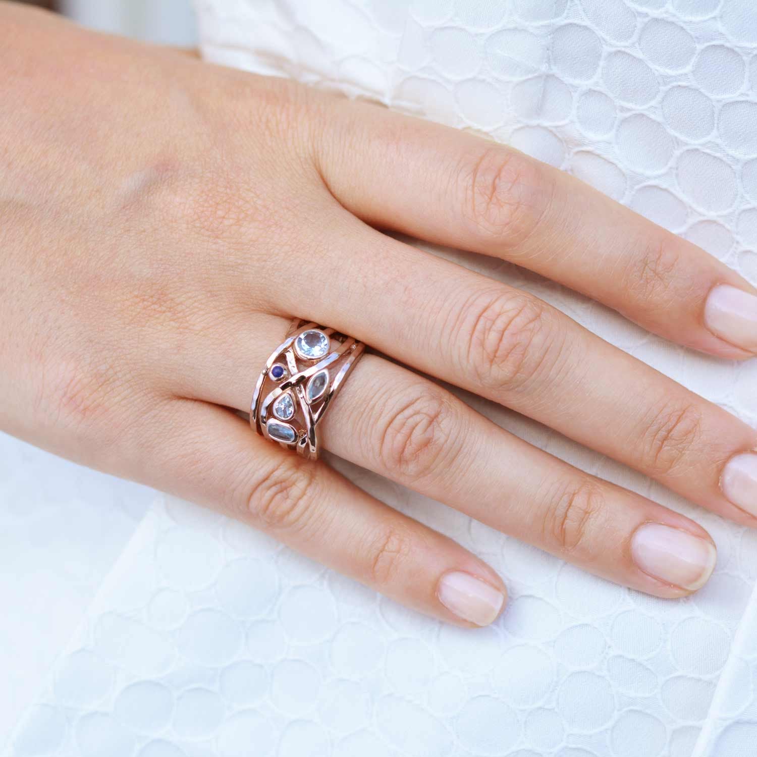 Rose Gold vermeil cocktail ring, gemstones, moonstones, geometric, unique British design