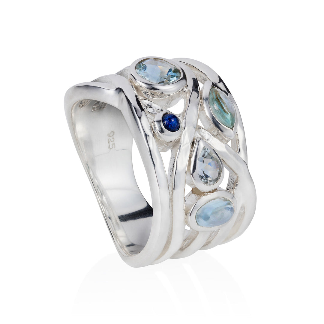 Sterling Silver, cocktail ring, Aqua marine, blue topaz, gemstone, geometric, unique British design