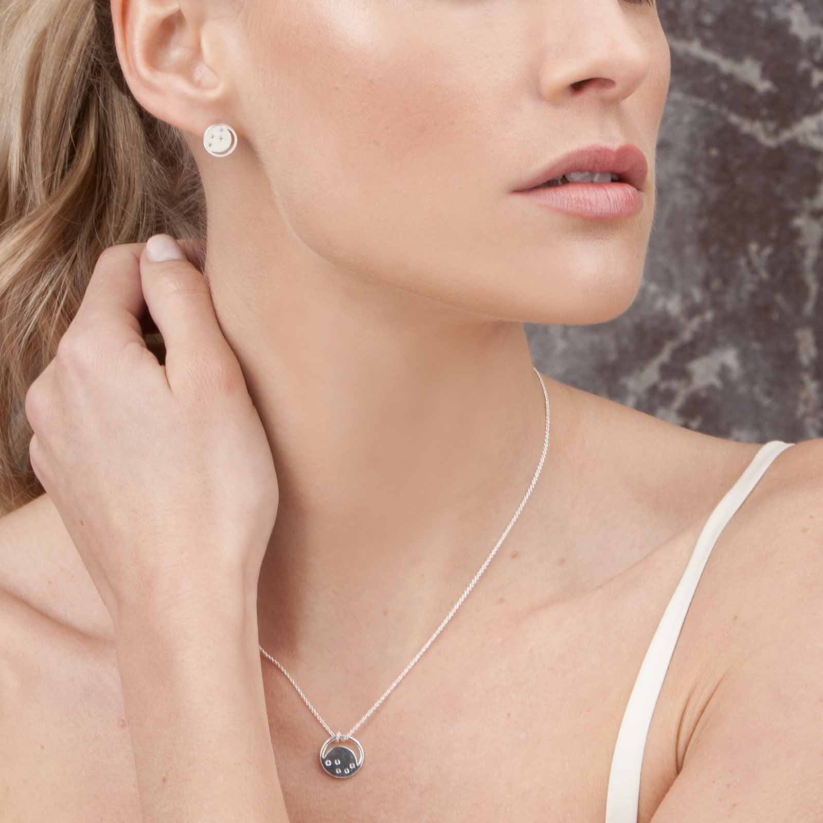 Silver eclipse necklace, white topaz, unique British design, minimalist