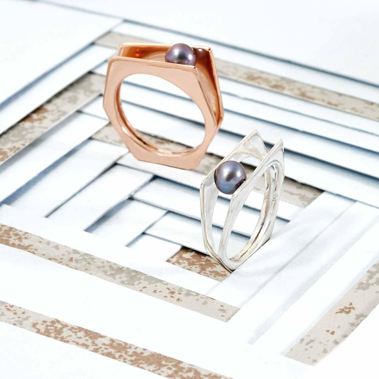 Silver rings, grey pearl, geometric, unique British design