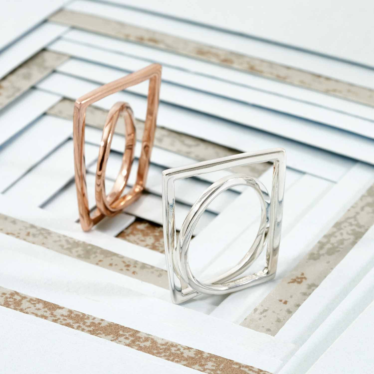 Different Rose gold, silver sculptured ring, Geometric, unique British design