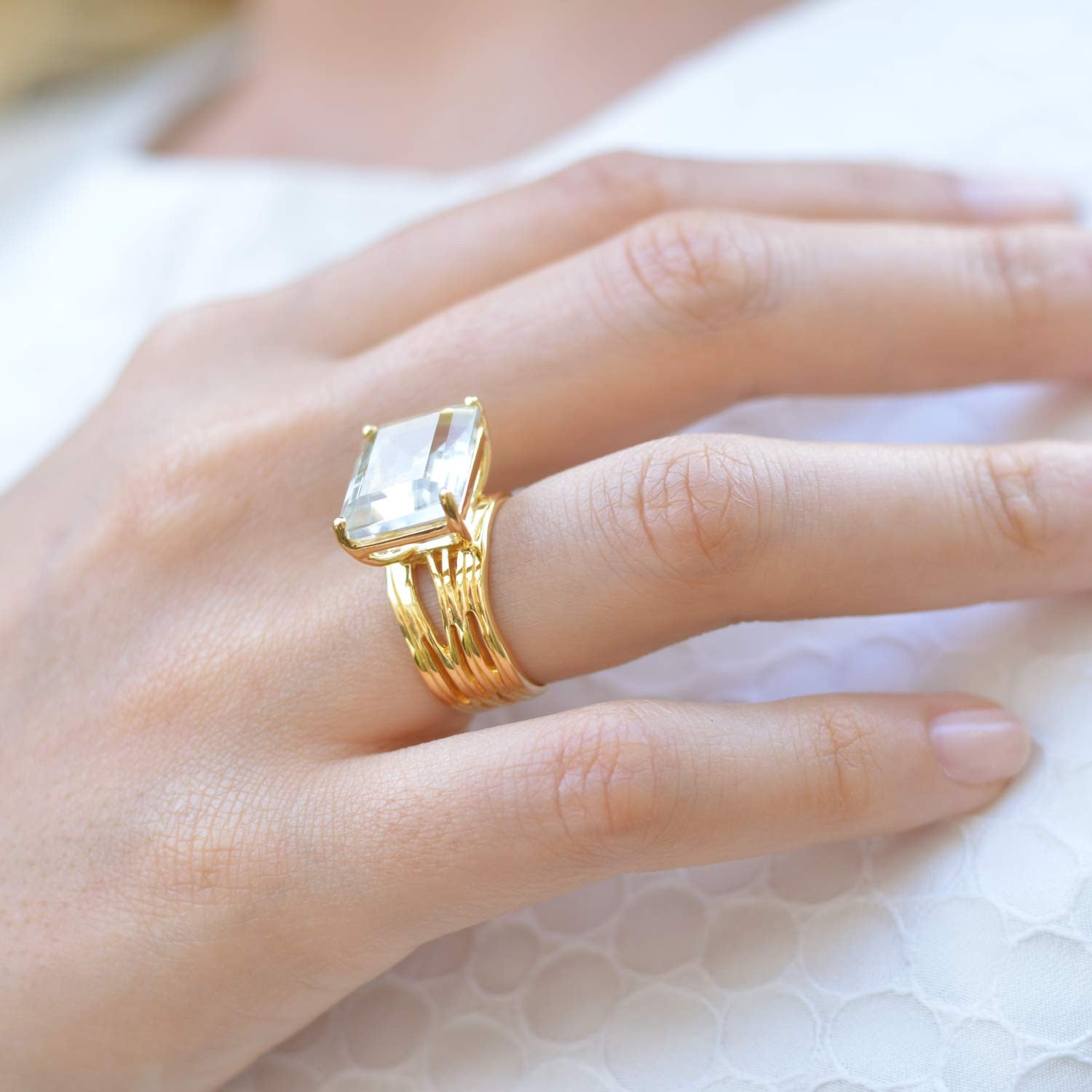 Gold vermeil cocktail ring, green amethyst gemstone, geometric, minimalist, unique British design