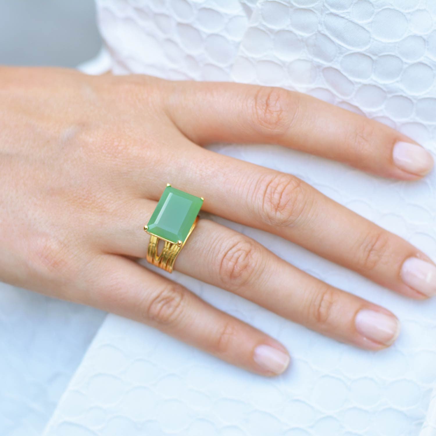 Gold cocktail ring, chrysoprase gemstone, geometric, unique British design