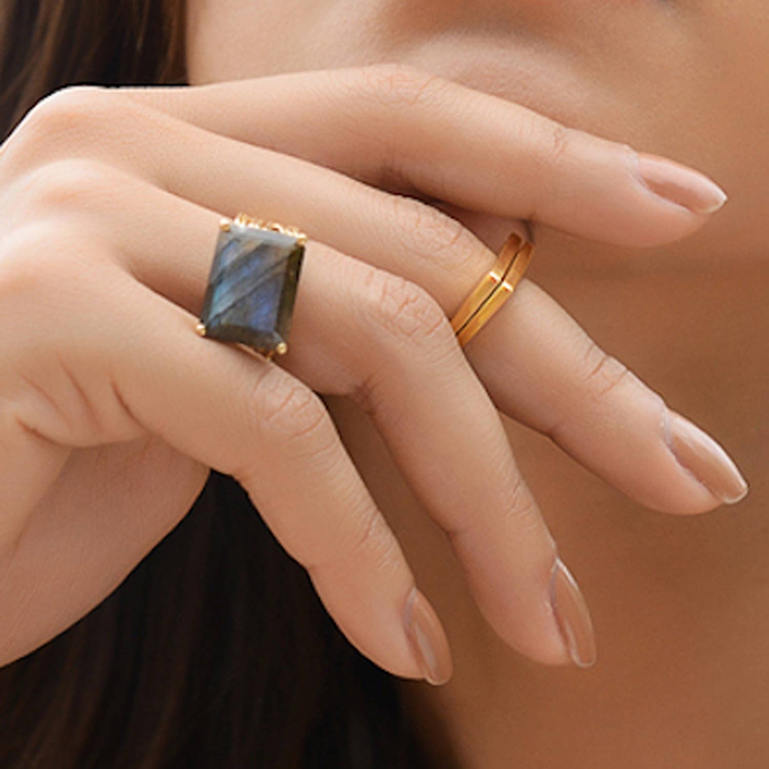 Gold vermeil cocktail ring, Labradorite gemstone, geometric, unique design