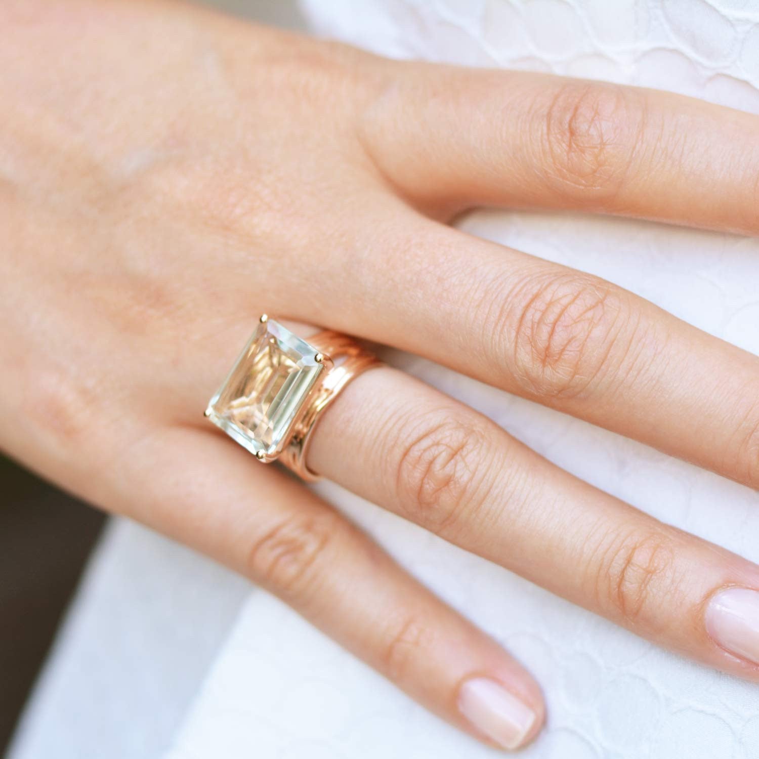 Rose gold cocktail ring, green amethyst gemstone, geometric, unique British design, minimalist