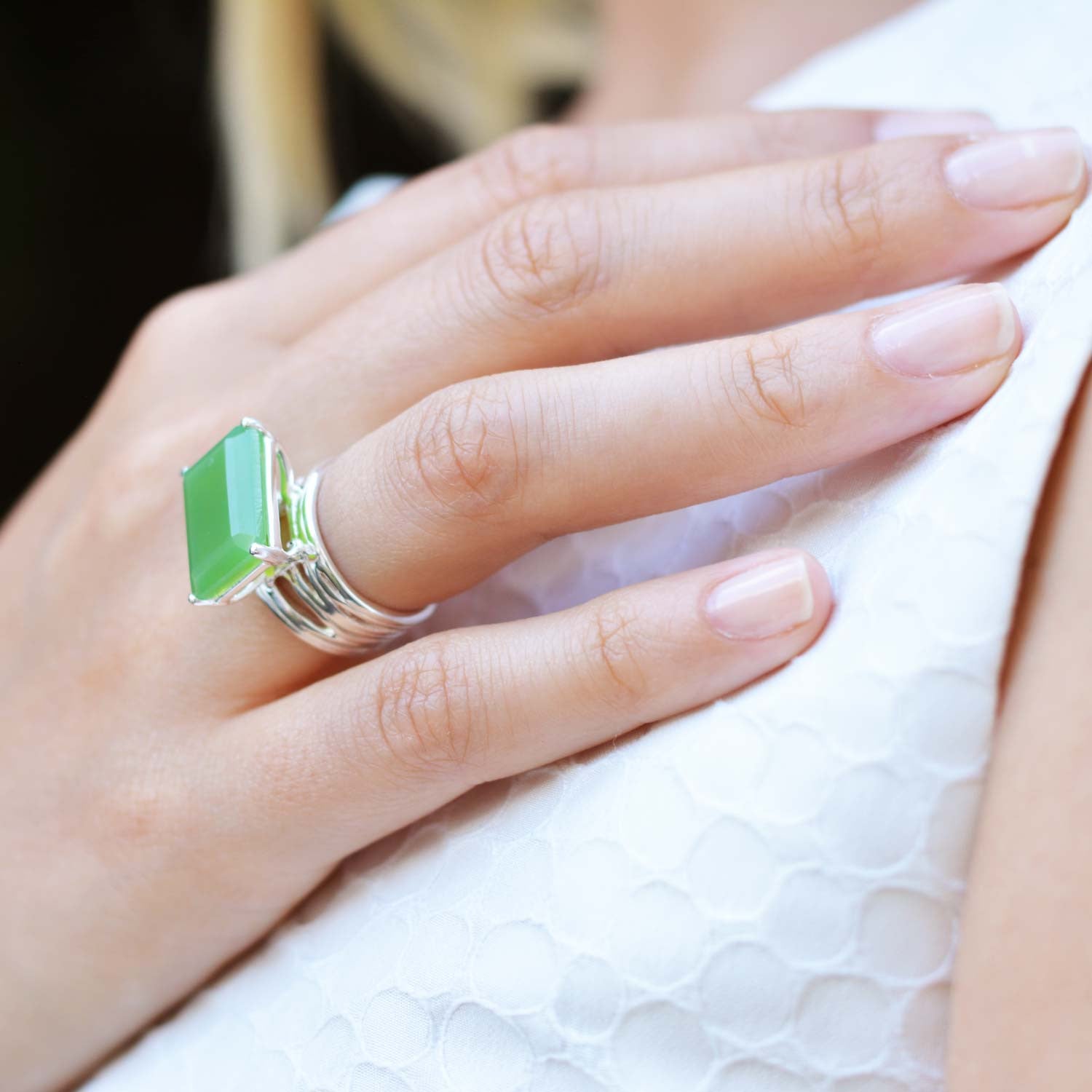 Sterling silver cocktail ring, chrysoprase gemstone, geometric, unique design