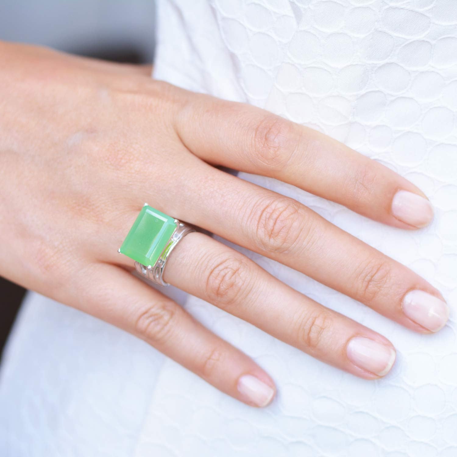 Silver cocktail ring, chrysoprase gemstone, geometric, unique British design