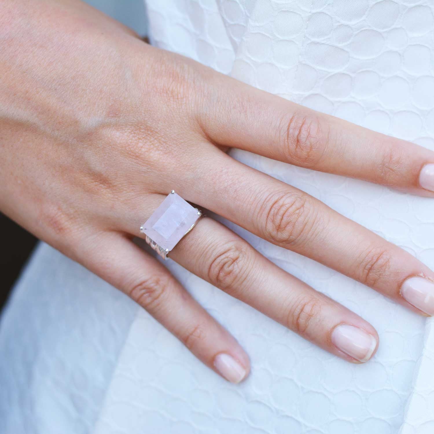 Sterling silver cocktail ring, rose quartz gemstone, geometric, unique British design, minimalist