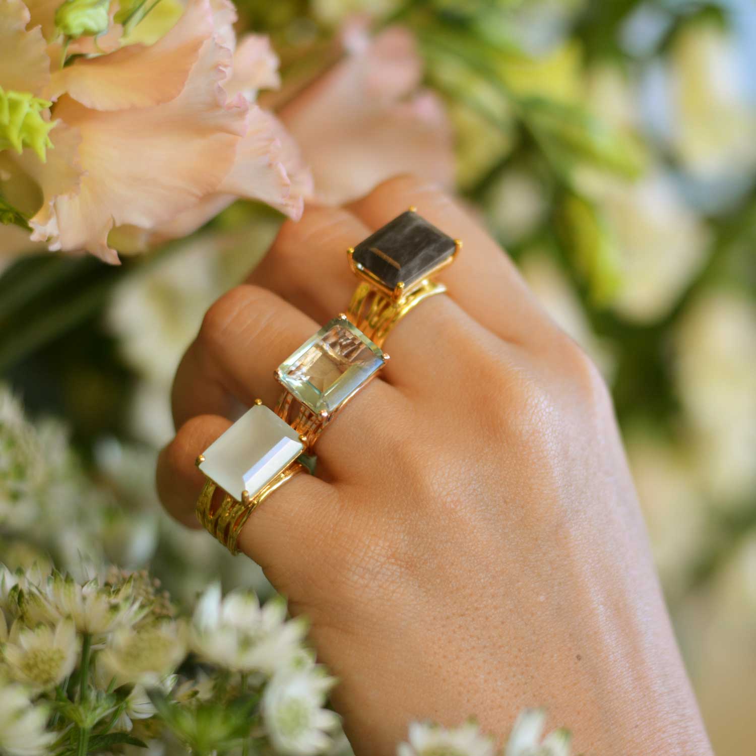Gold vermeil cocktail ring, Labradorite, gemstone, geometric, unique British design, minimalist