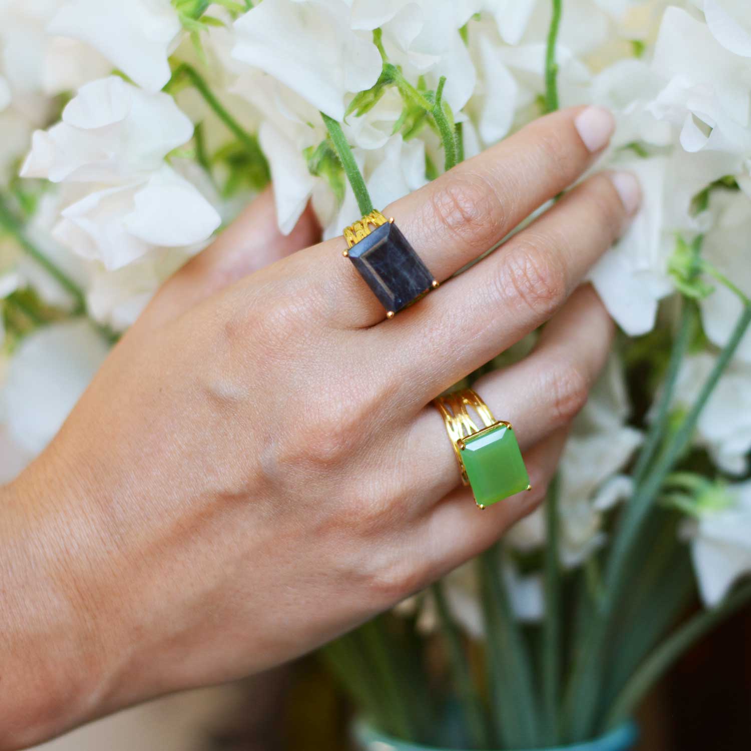 Gold cocktail rings, gemstones, geometric, unique British design