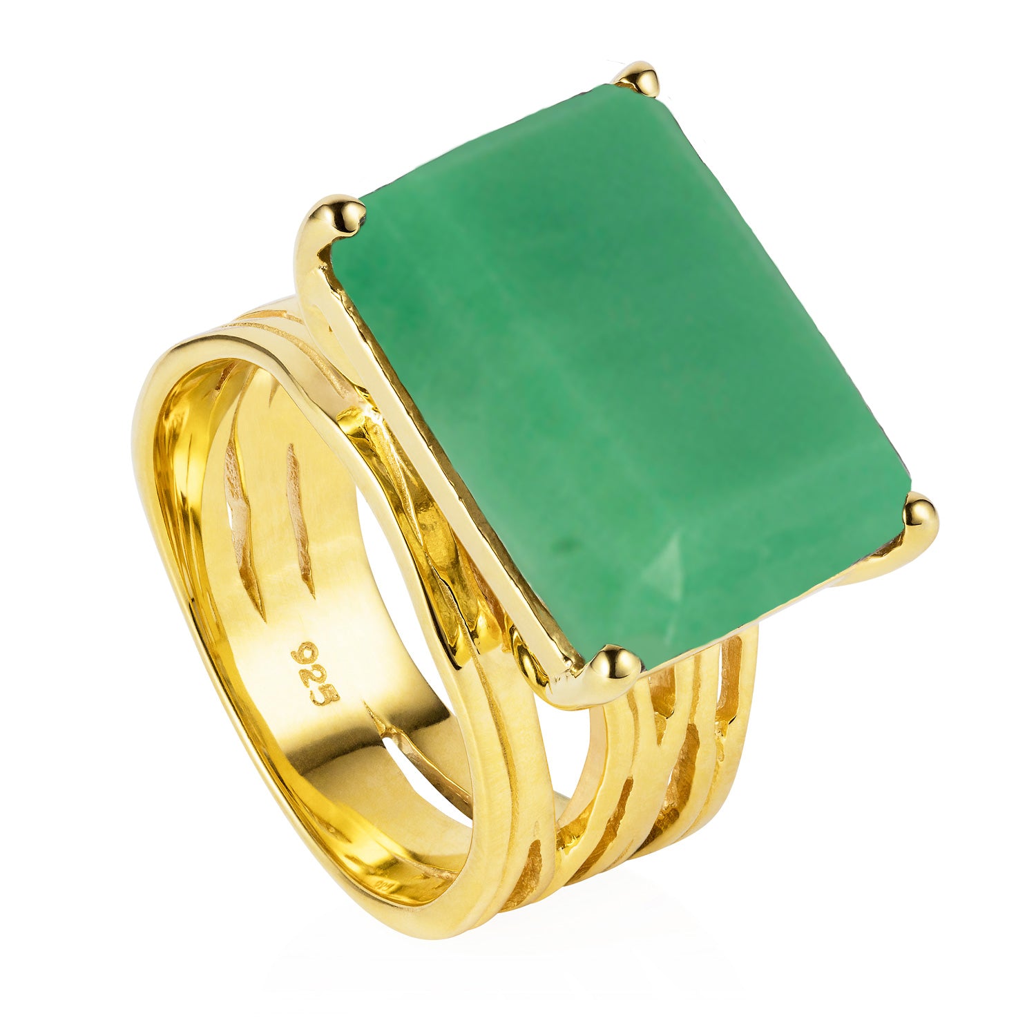 Gold, vermeil, cocktail ring, chrysoprase gemstone, geometric, unique British design, neola design