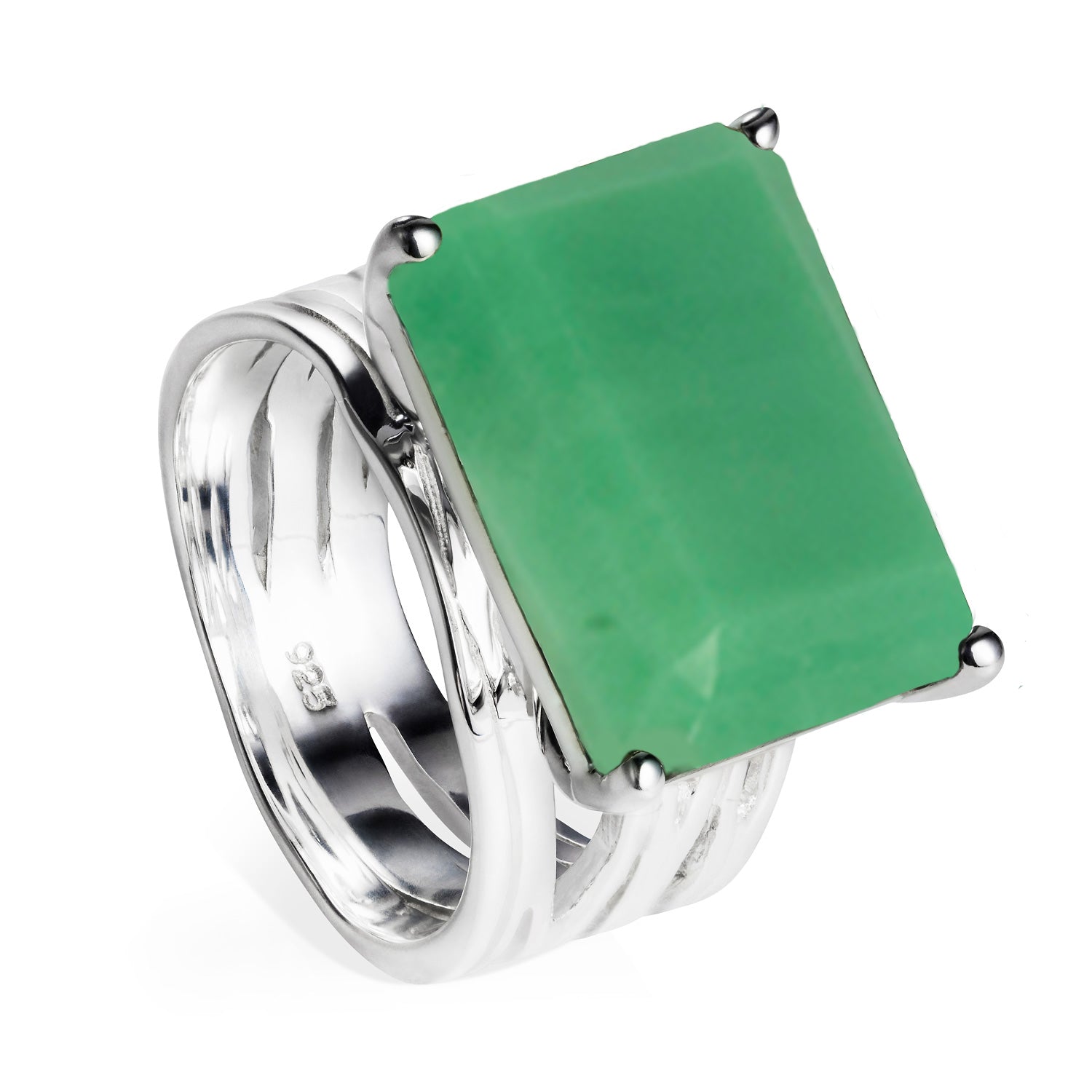 Sterling silver, cocktail ring, chrysoprase, gemstone, geometric, unique British design, neola design