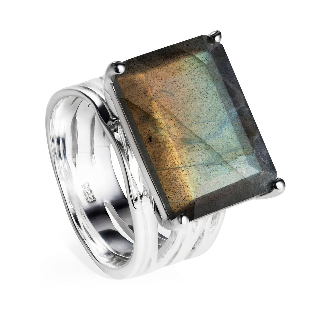 Sterling silver cocktail ring, Labradorite gemstone, geometric, unique British design