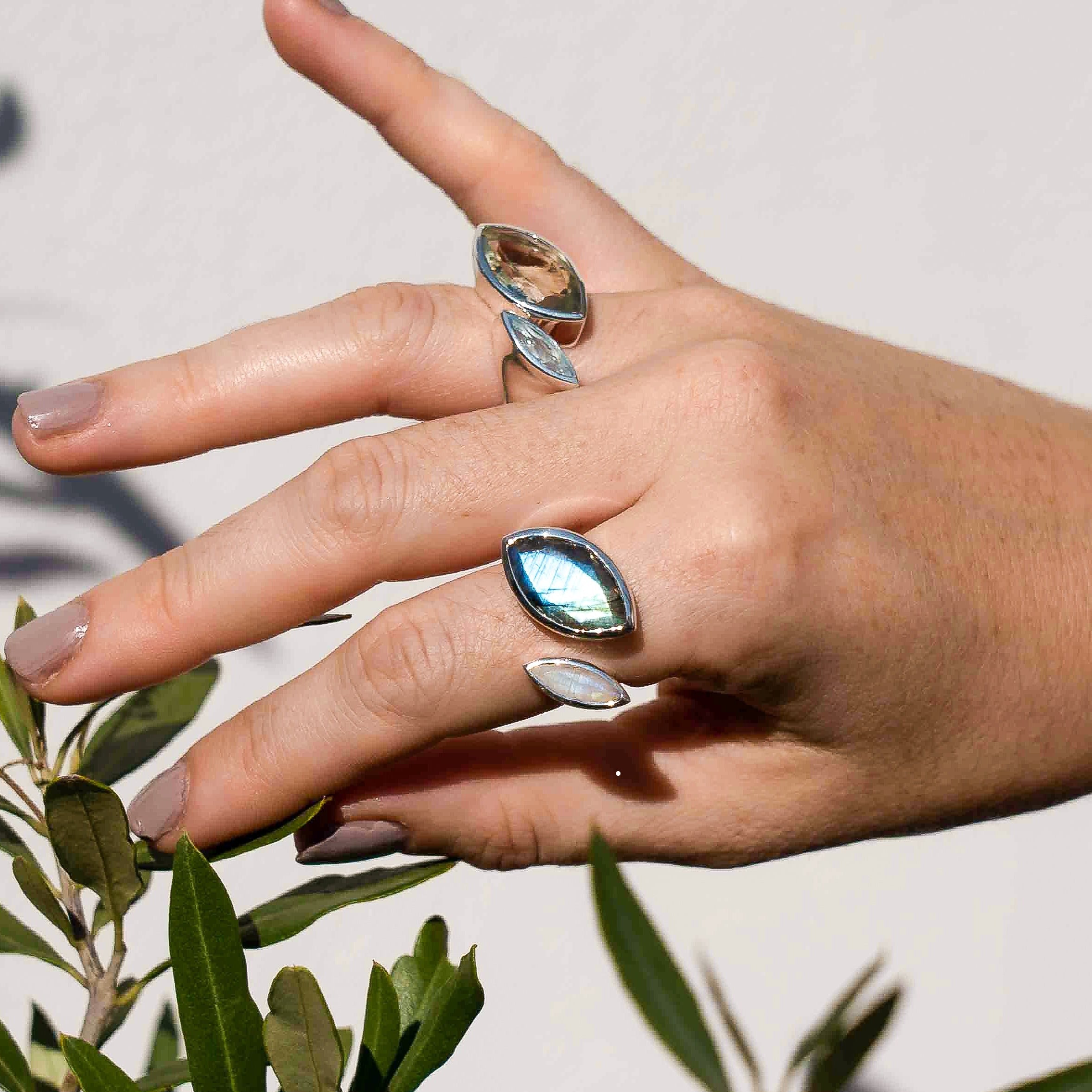 Silver cocktail ring, Green Amethyst gemstone, Blue Topaz gemstone, geometric, rainbow moonstone, unique British design
