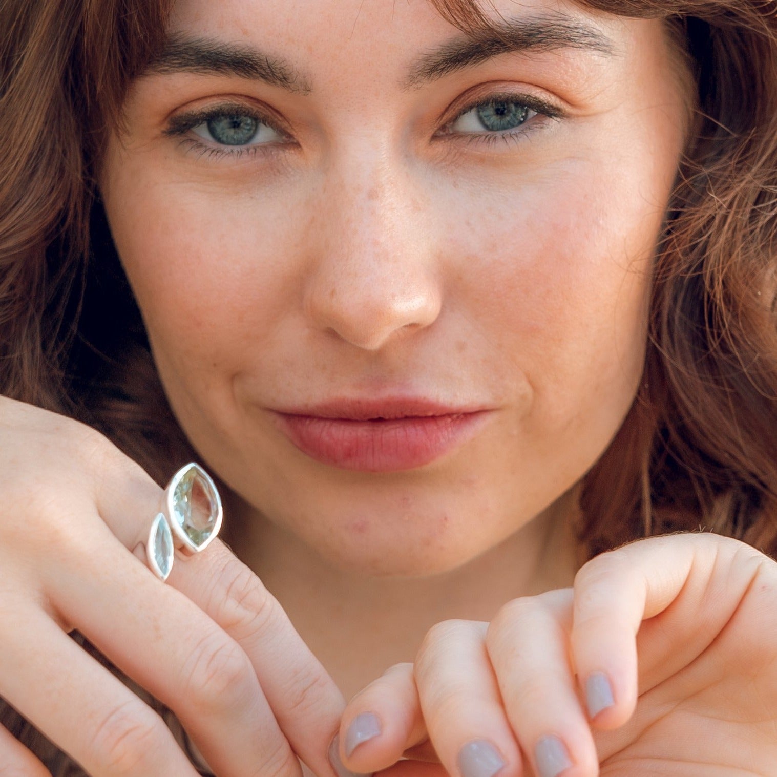 Silver cocktail ring, Green Amethyst gemstone, Blue Topaz gemstone, geometric, unique British design