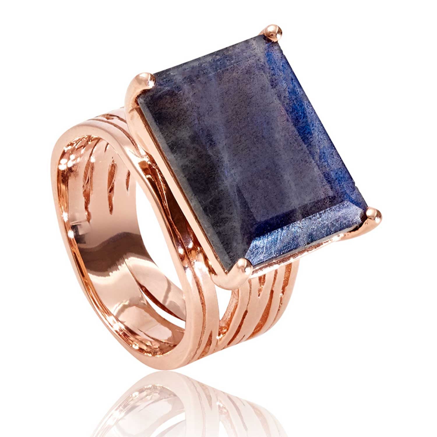 Rose gold vermeil cocktail ring, Labradorite gemstone, geometric, unique British design