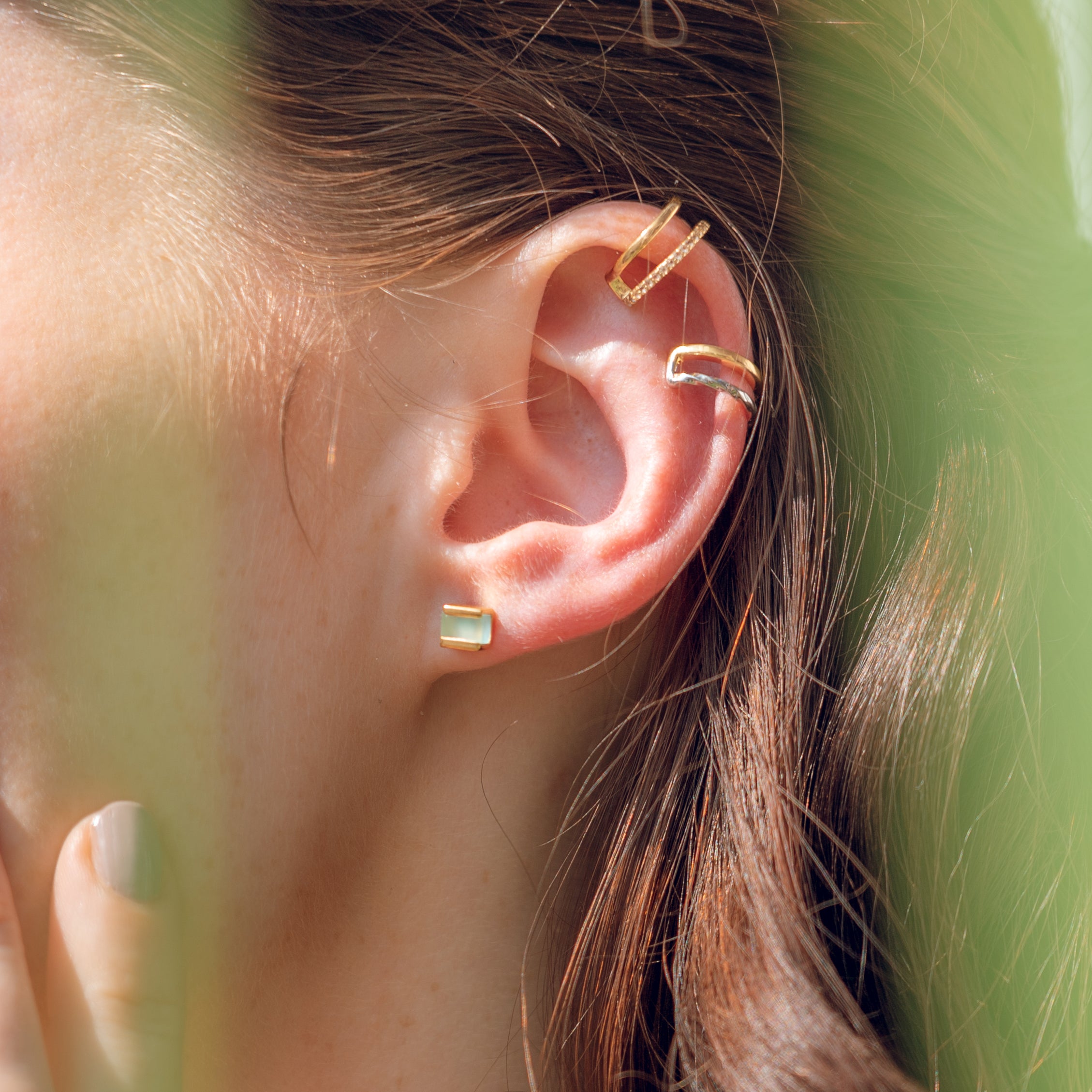 studs, earring, aqua, gemstone, gold, vermeil, neola design