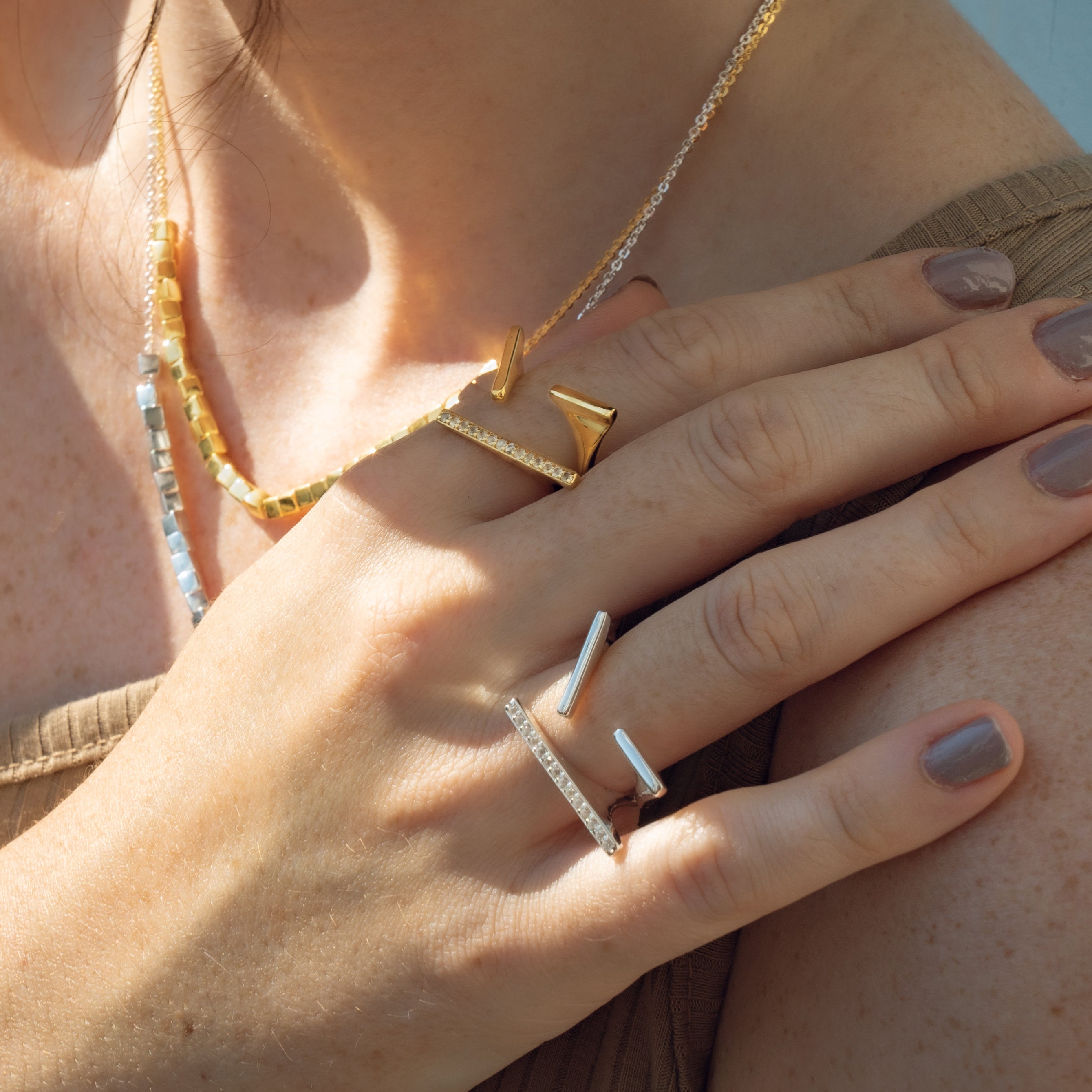 gold, ring, white topaz, gemstones, geometric, handmade, neola design