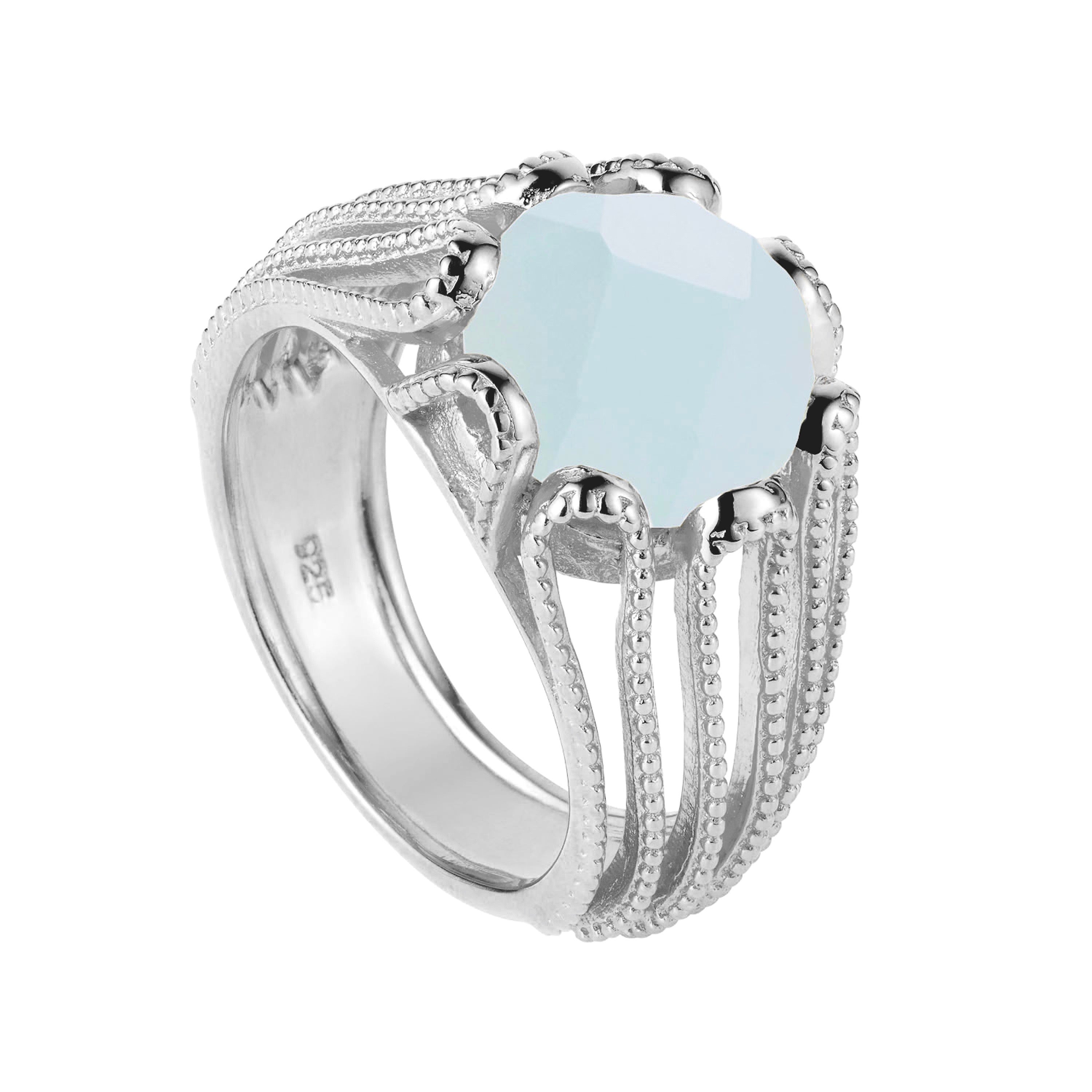 silver, gemstone, ring, cocktail ring, aqua chalcedony, neola design