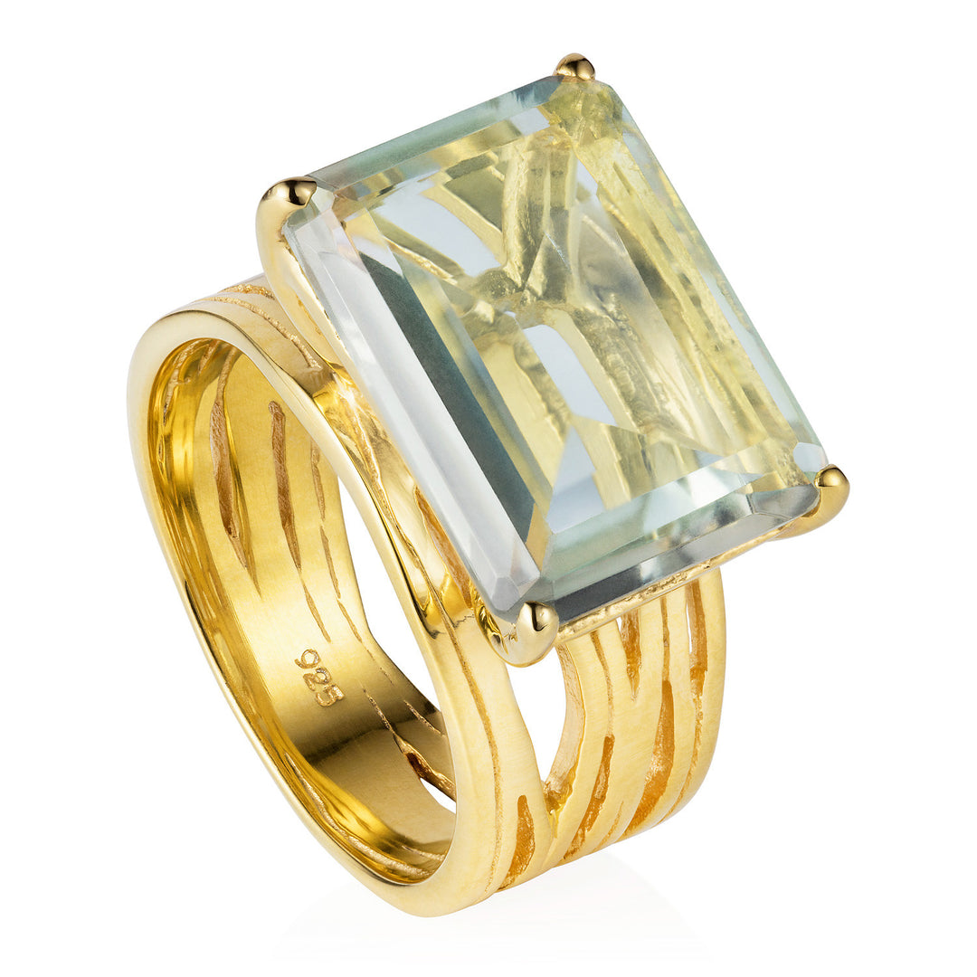 Gold vermeil cocktail ring, green amethyst gemstone, geometric, unique British design