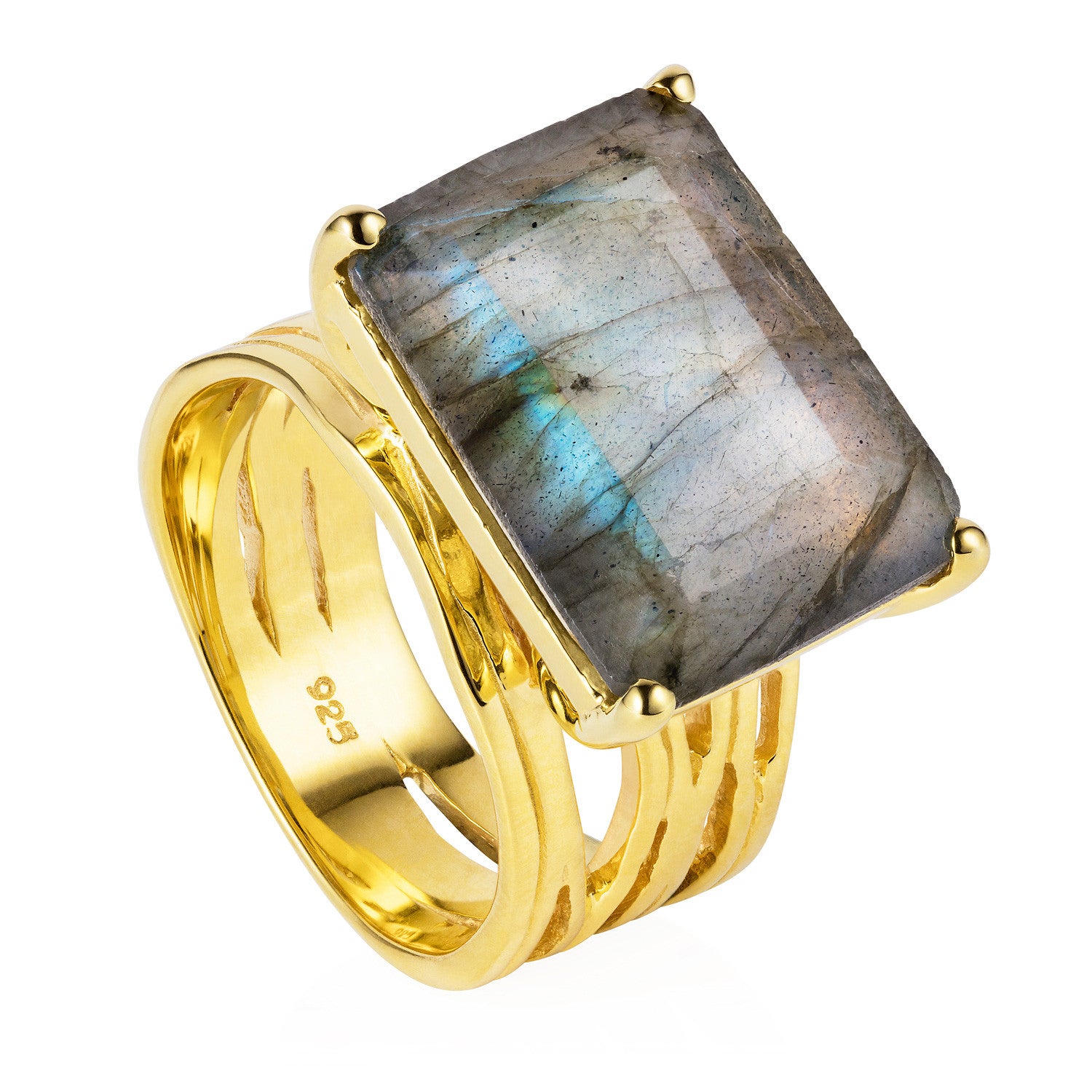 Gold vermeil cocktail ring, Labradorite, gemstone, geometric, unique British design