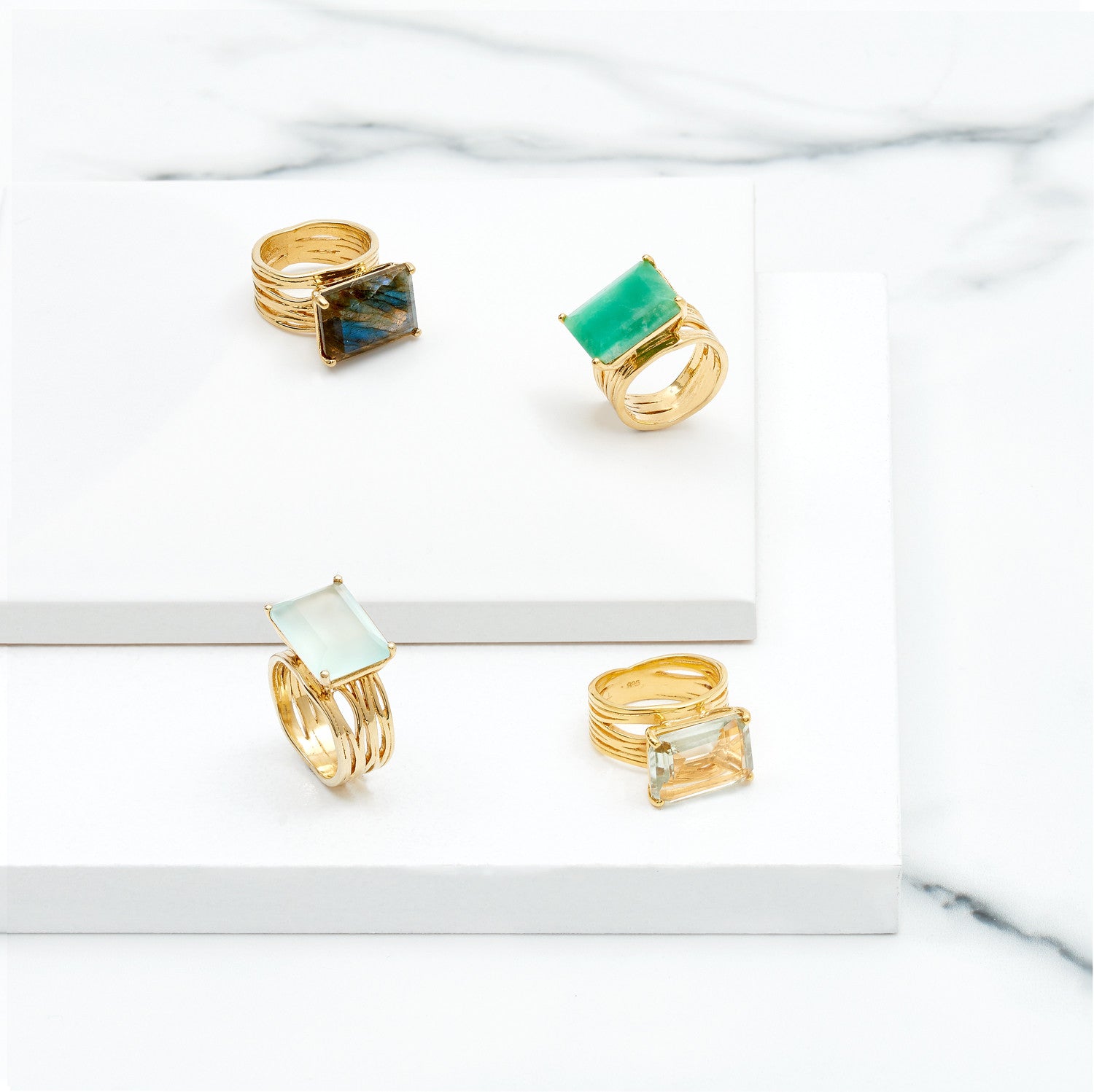 Different Gold vermeil cocktail rings, gemstone, geometric, unique British design