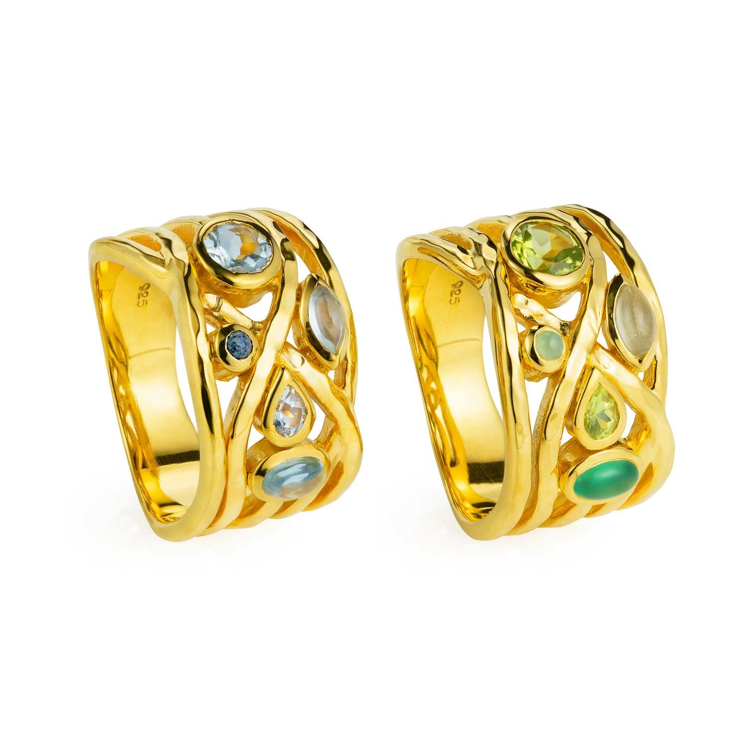 Gold vermeil cocktail ring, Green Amethyst, Green Onyx, Chrysoprase and Peridot, gemstone, unique geometric design