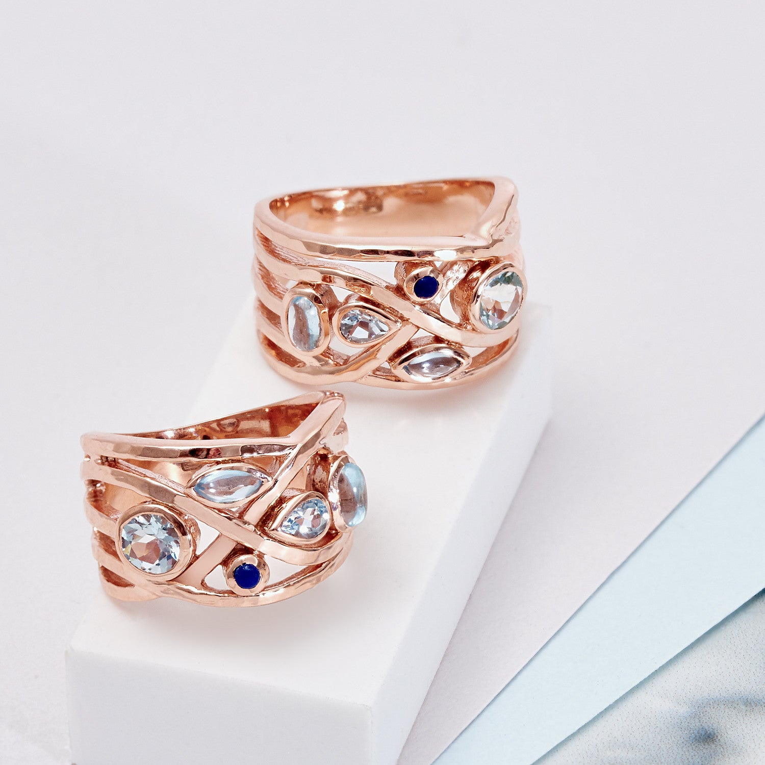 Rose Gold vermeil cocktail ring, Rose Quartz, Labradorite, Aqua Marine, gemstone, moonstone, geometric, unique British design, minimalist