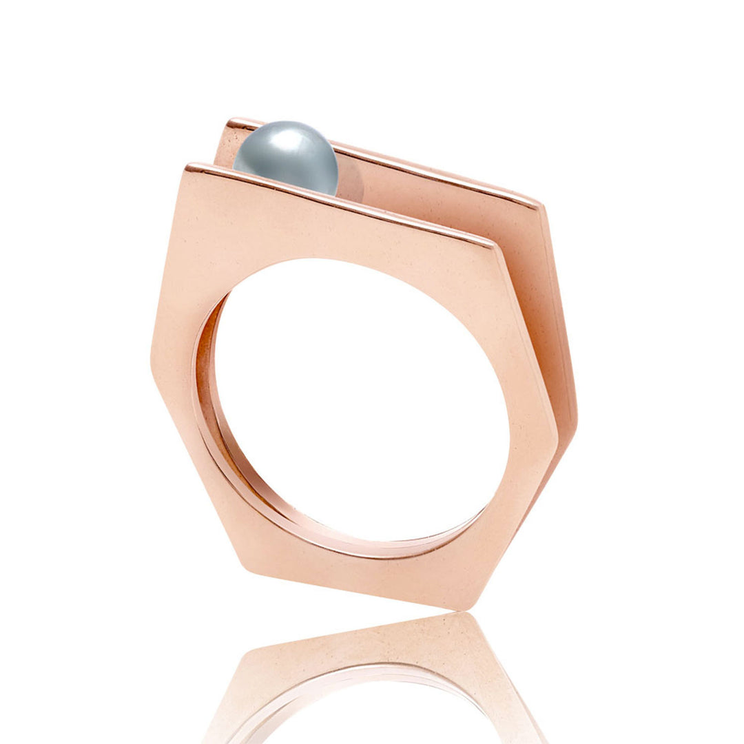 rose gold vermeil ring, grey pearl, geometric, unique British design