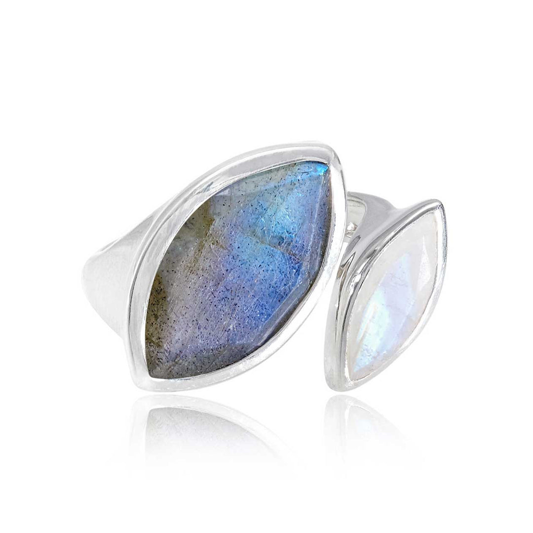 Silver cocktail ring, Labradorite and Rainbow Moonstone, geometric, unique British design