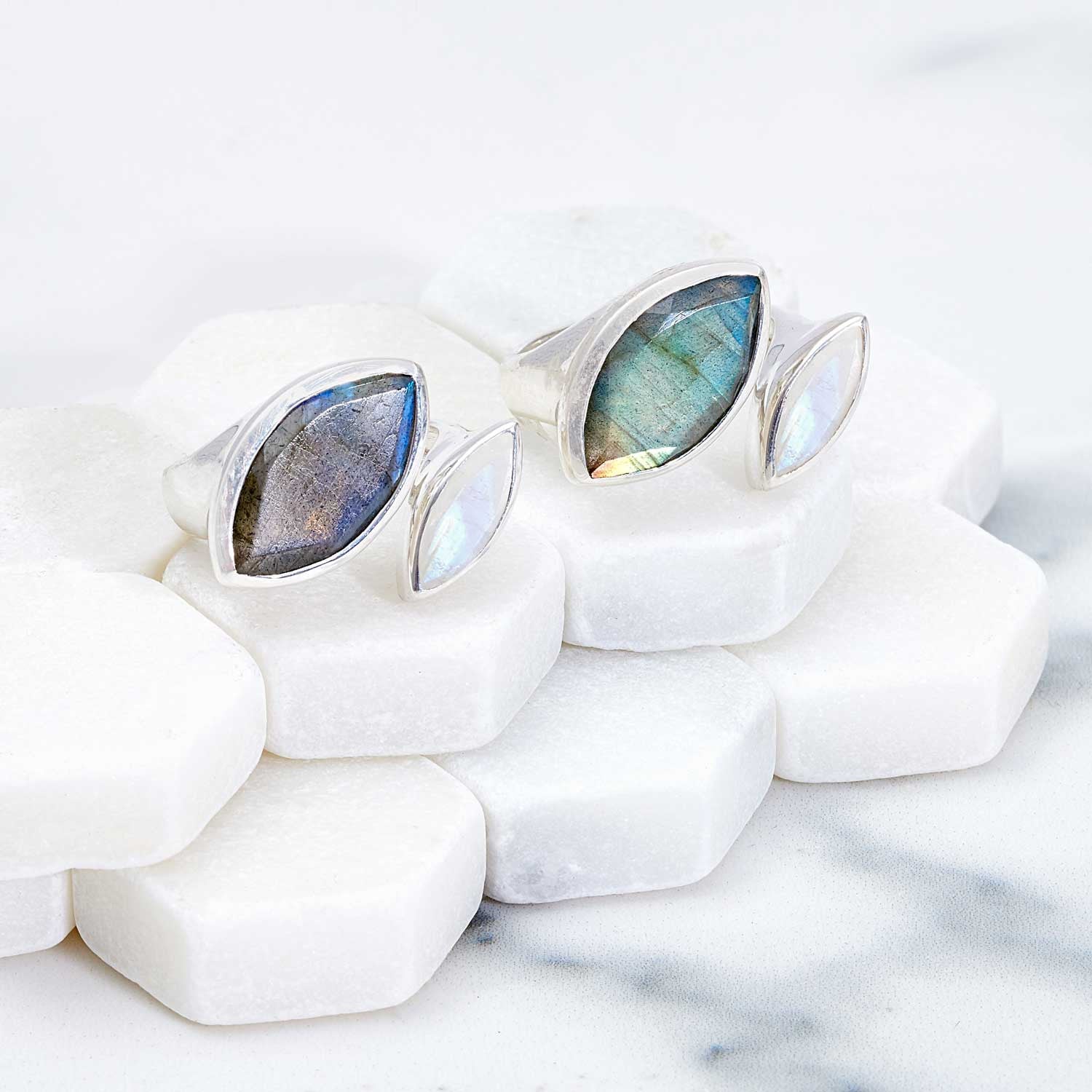 Different Silver cocktail ring, Labradorite and Rainbow Moonstone, geometric, unique design